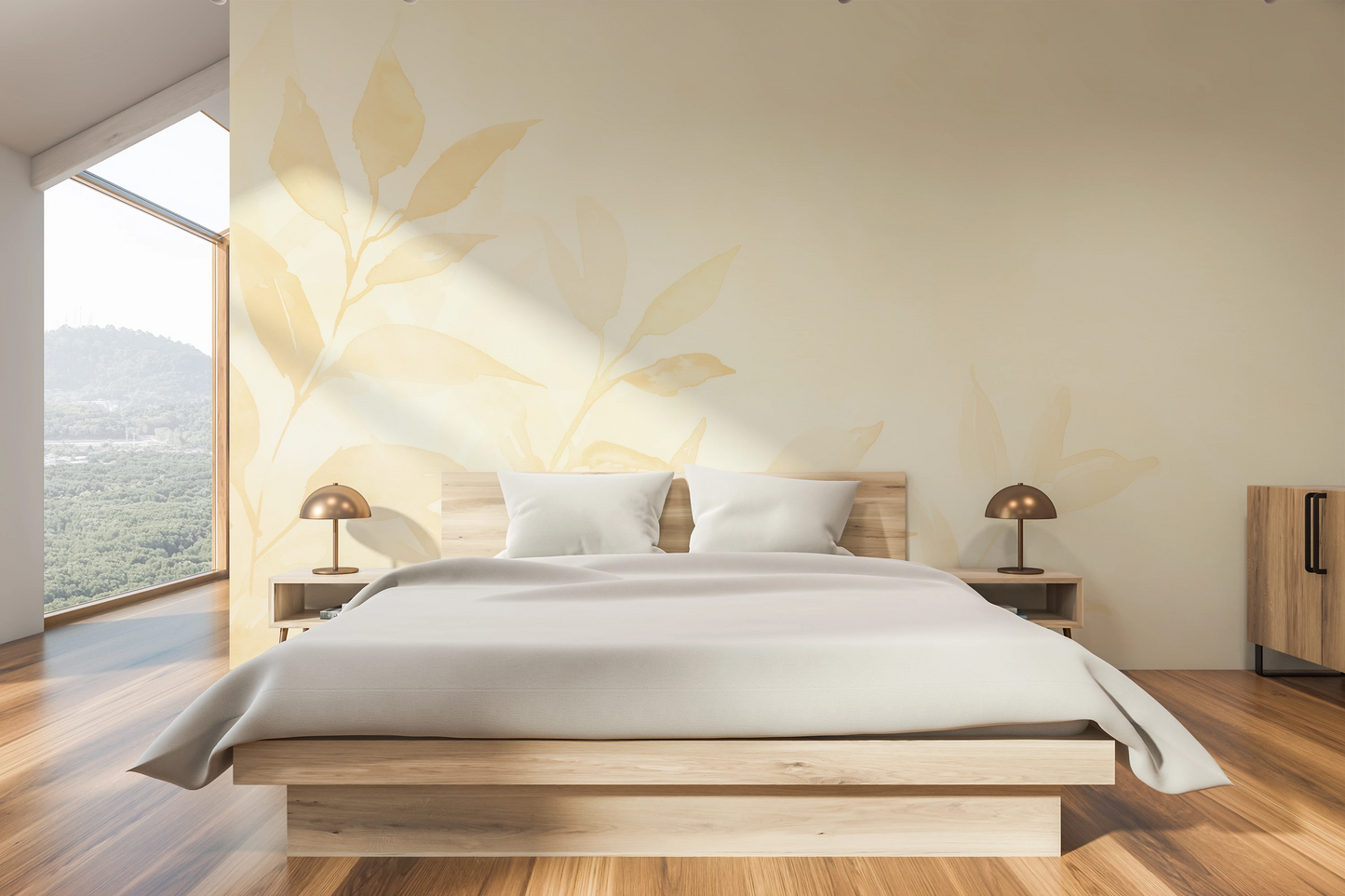 Fototapeta artystyczna o nazwie Golden Tranquility pokazana w aranżacji wnętrza.