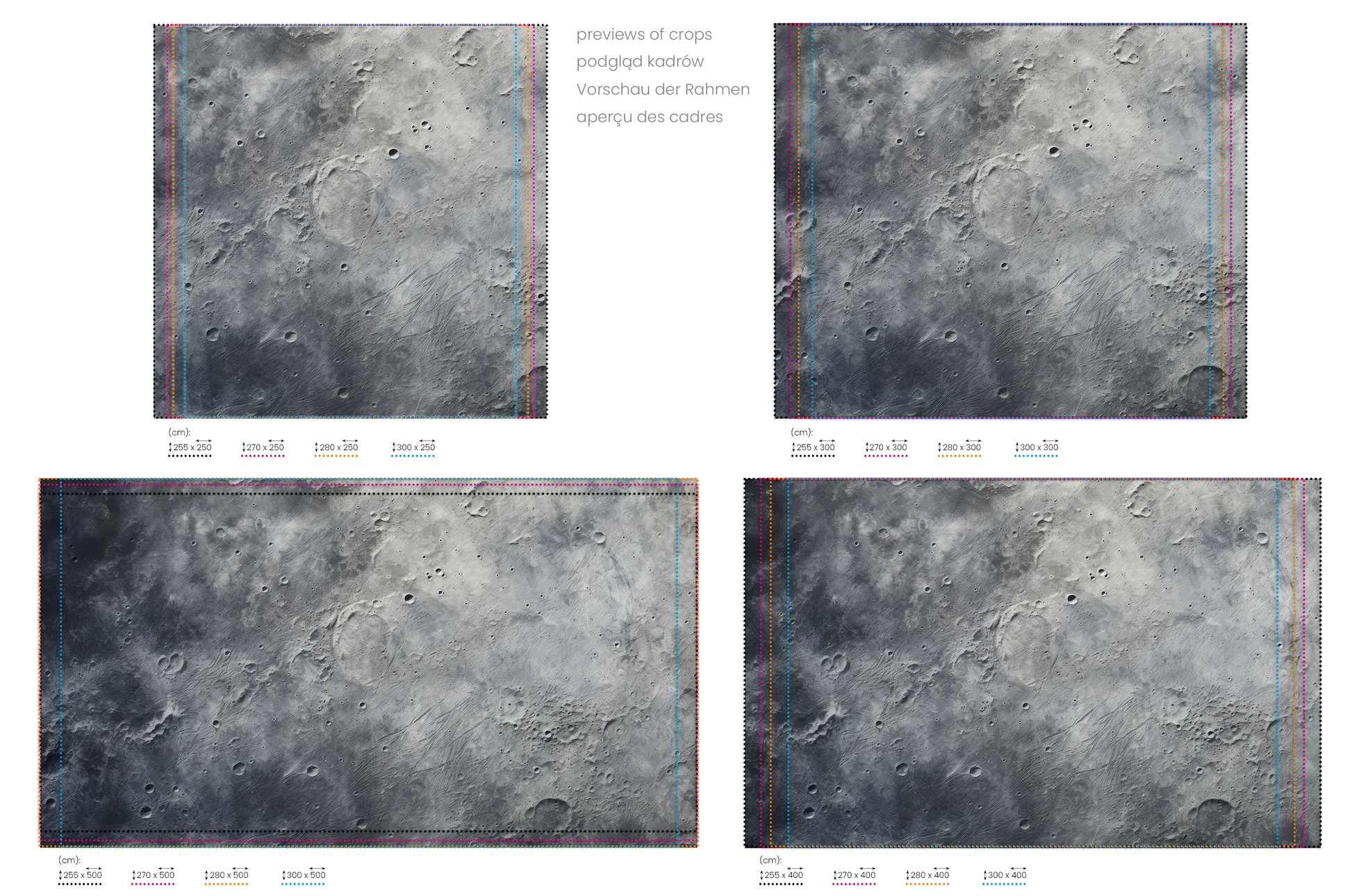 Na obrazie znajduje się prezentacja przykładowych rozmiarów fototapety o nazwie Moonlight Sonata. Rozmiar fototapety jest dowolny.