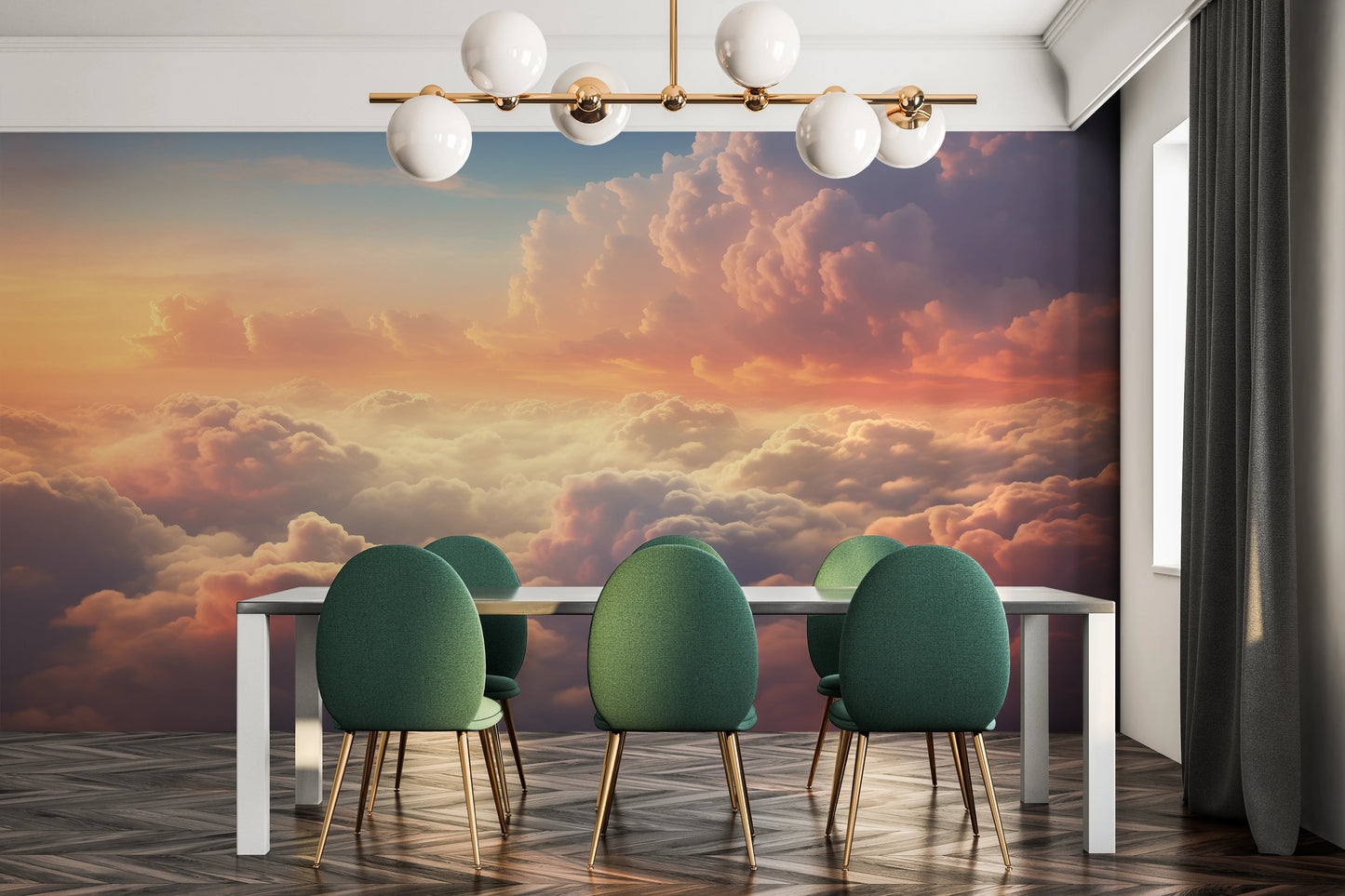 Wzór fototapety artystycznej o nazwie Pastel Skies pokazanej w aranżacji wnętrza.