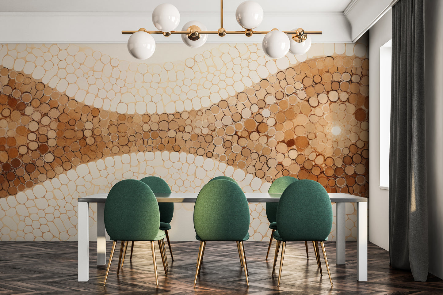 Wzór fototapety artystycznej o nazwie CAPPUCCINO SWIRL ABSTRACTION pokazanej w aranżacji wnętrza.