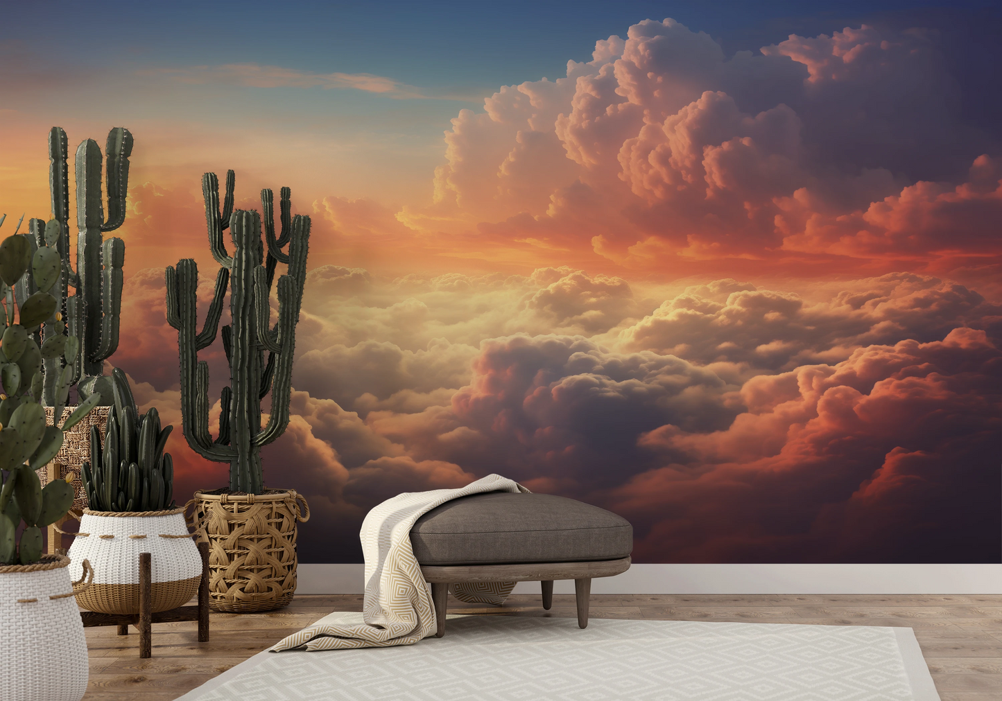 Wzór fototapety artystycznej o nazwie Pastel Skies pokazanej w aranżacji wnętrza.