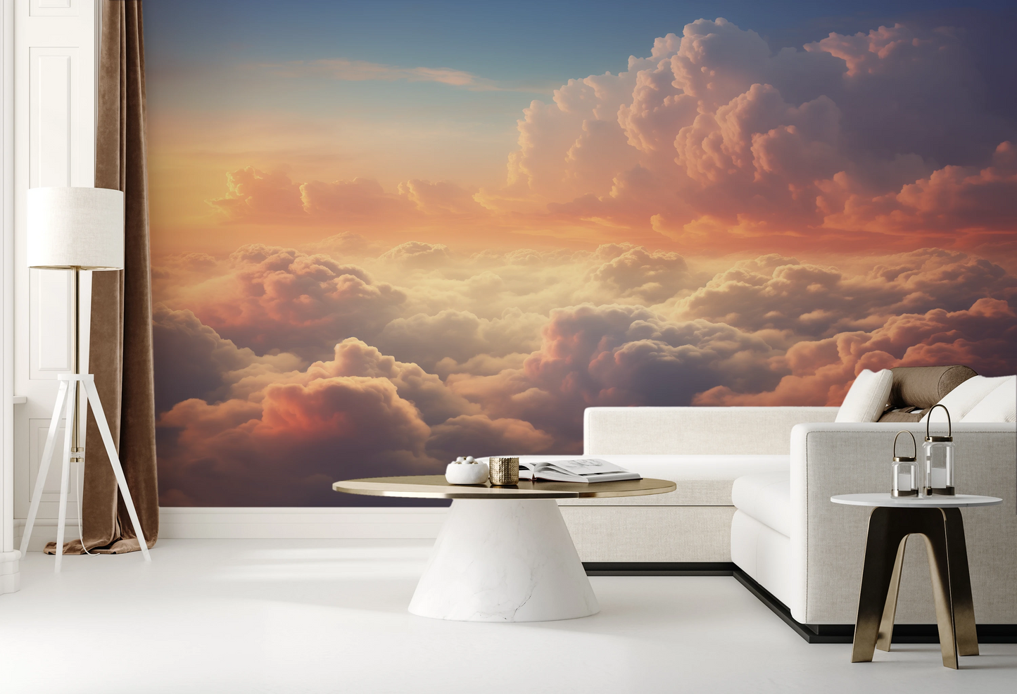 Wzór fototapety malowanej o nazwie Pastel Skies pokazanej w aranżacji wnętrza.
