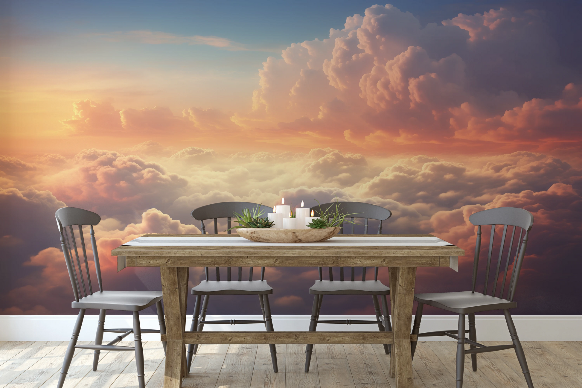 Wzór fototapety o nazwie Pastel Skies pokazanej w kontekście pomieszczenia.