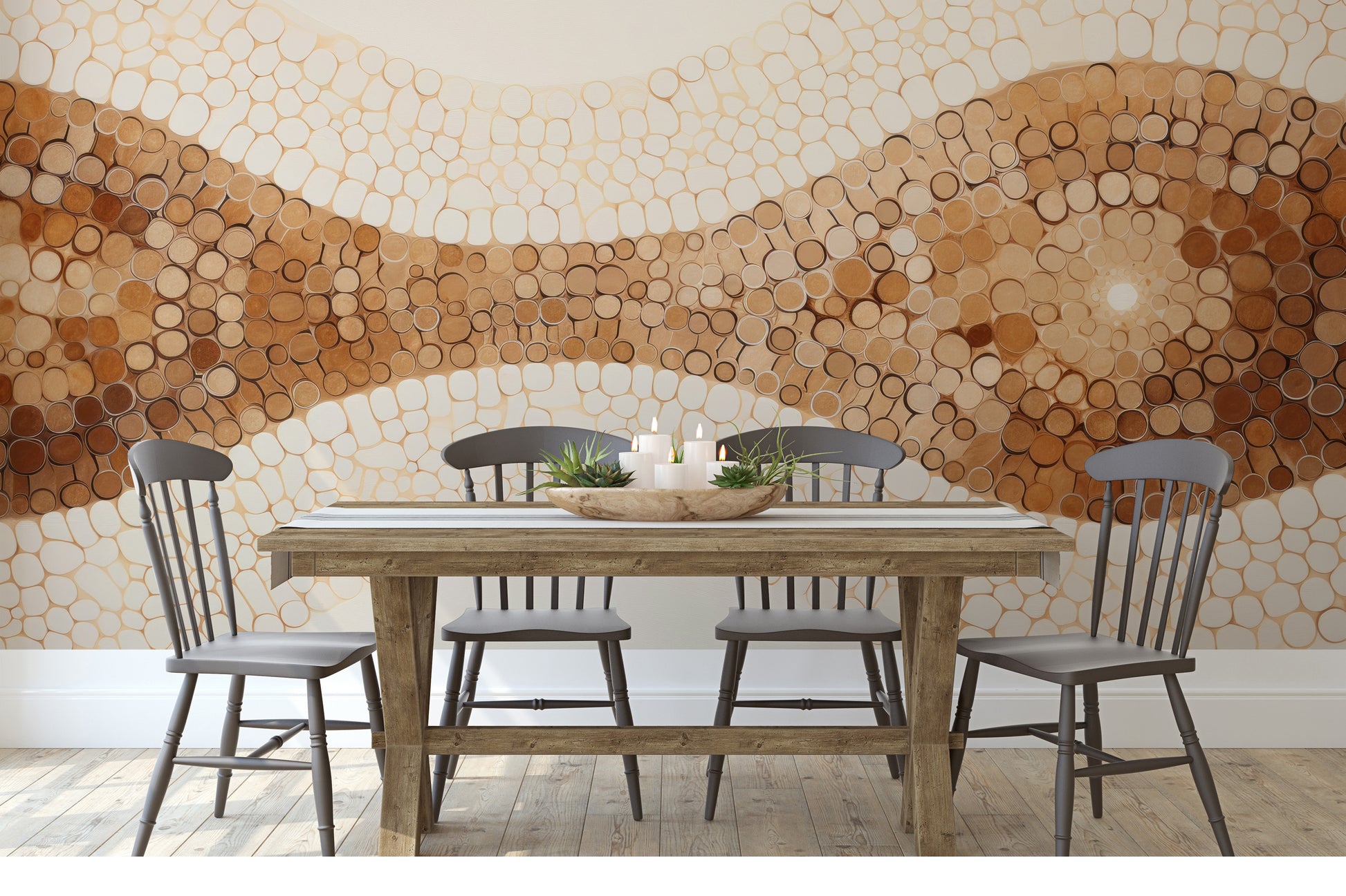 Wzór fototapety artystycznej o nazwie CAPPUCCINO SWIRL ABSTRACTION pokazanej w aranżacji wnętrza.