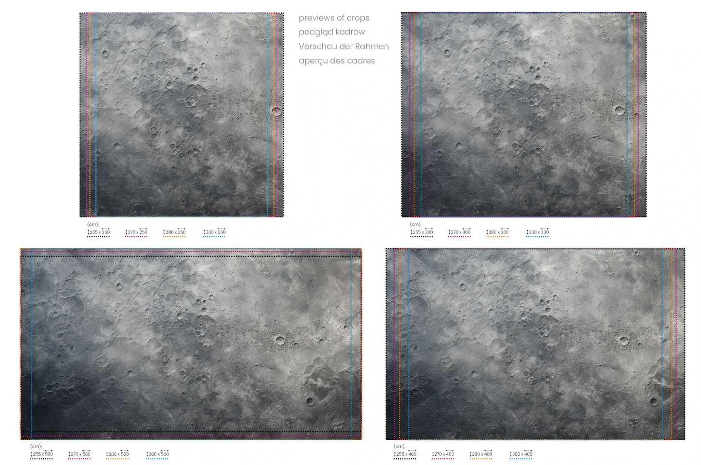 Na obrazie znajduje się prezentacja przykładowych rozmiarów fototapety o nazwie Moon's Geography. Rozmiar fototapety jest dowolny.