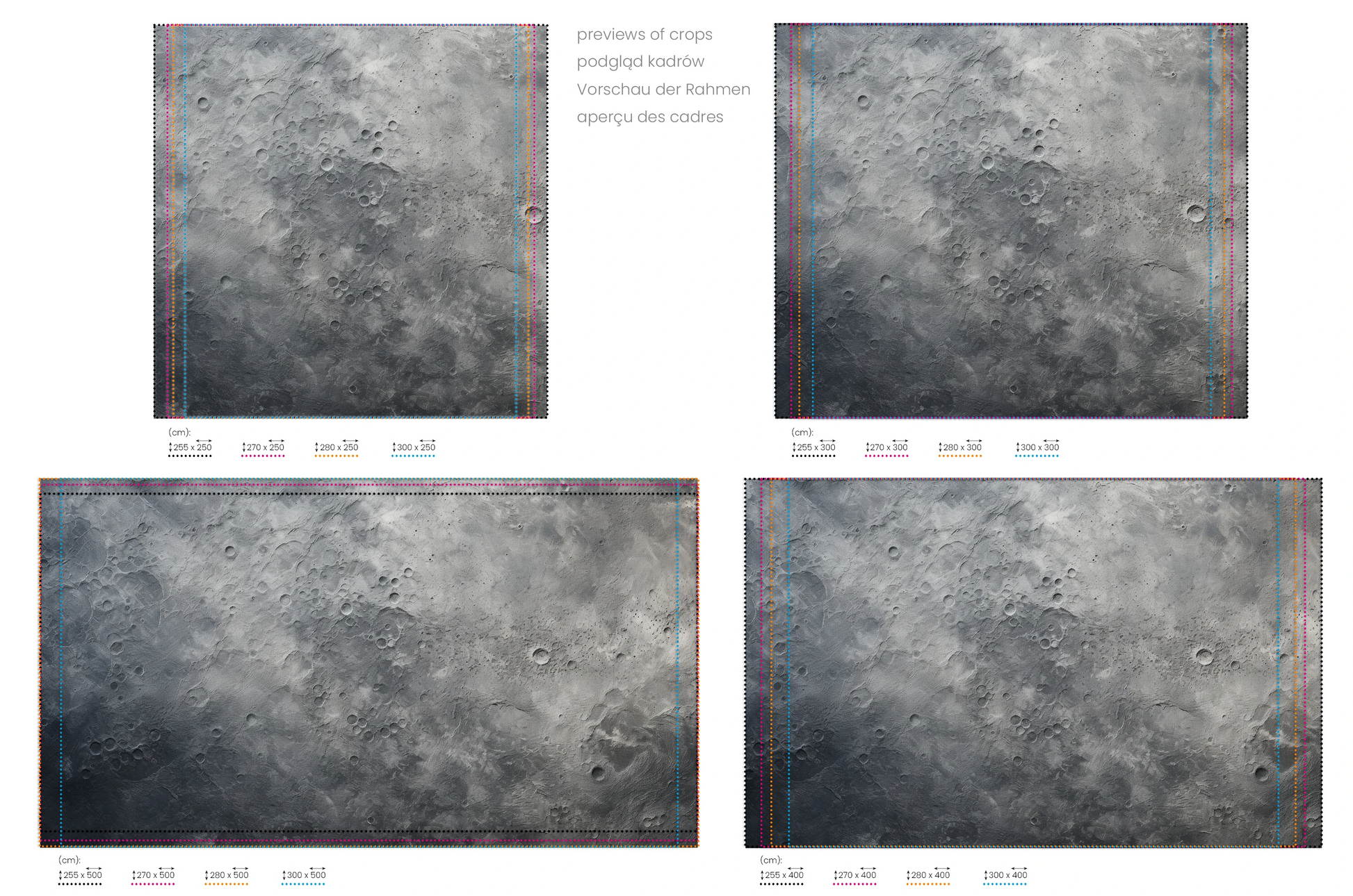 Na obrazie znajduje się prezentacja przykładowych rozmiarów fototapety o nazwie Moon's Geography. Rozmiar fototapety jest dowolny.