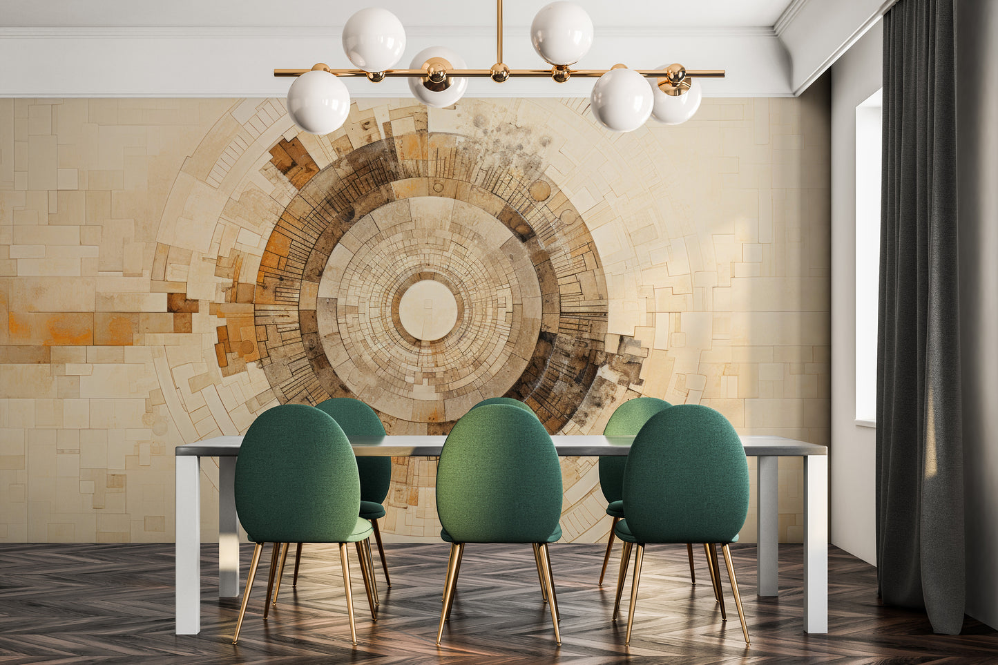 Wzór fototapety artystycznej o nazwie SUNBURST MOSAIC pokazanej w aranżacji wnętrza.