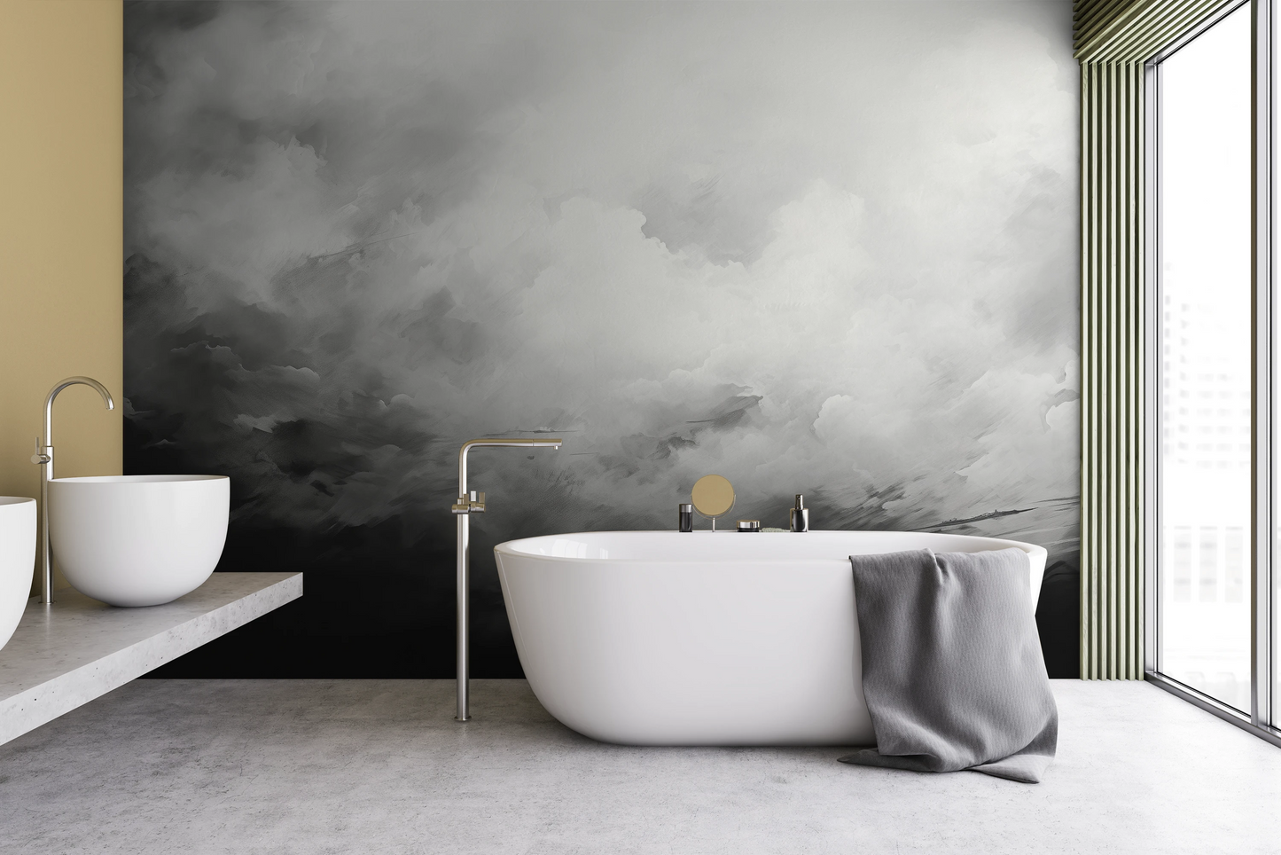 Wzór fototapety artystycznej o nazwie Monochrome Whispers pokazanej w aranżacji wnętrza.