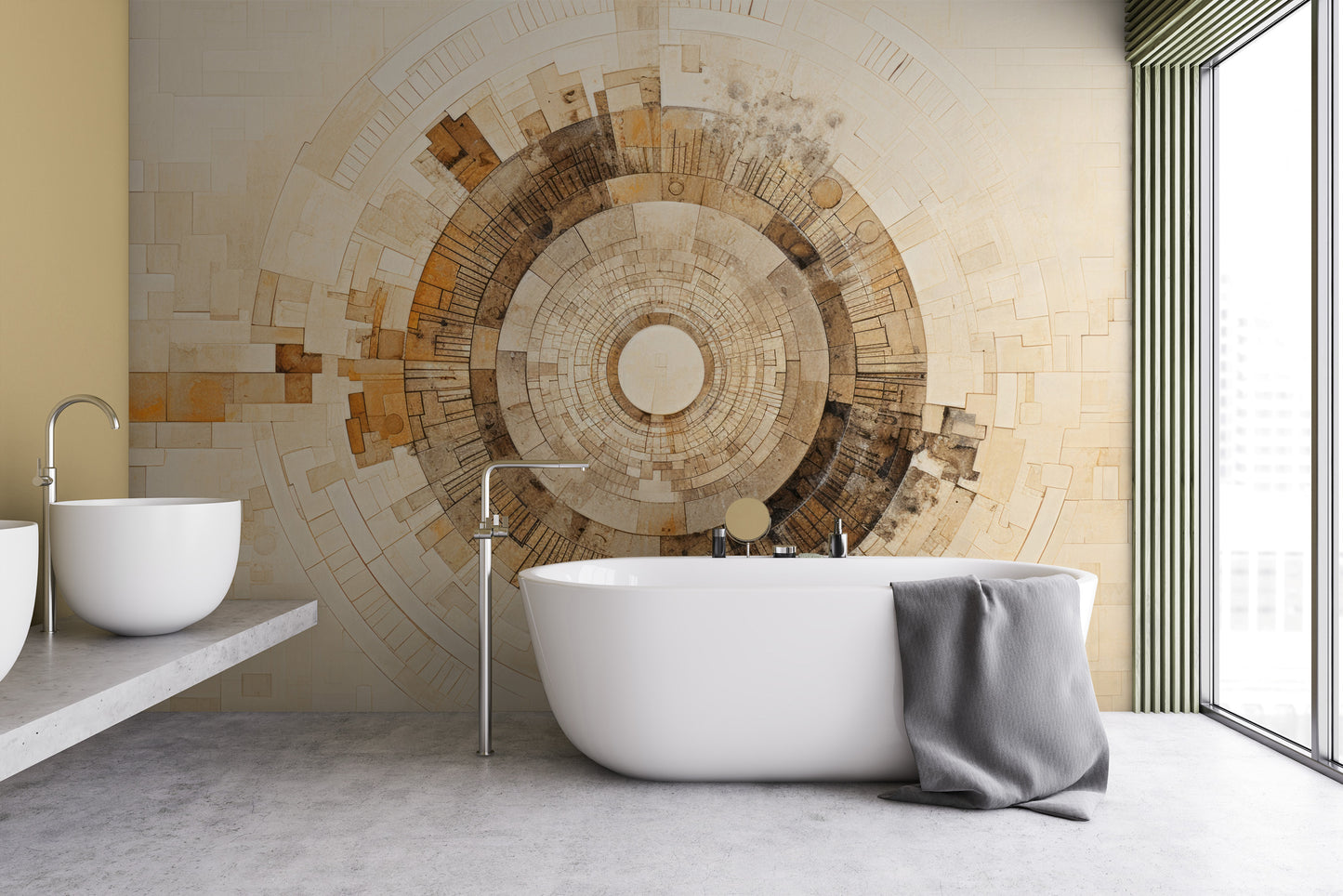 Wzór fototapety o nazwie SUNBURST MOSAIC pokazanej w kontekście pomieszczenia.