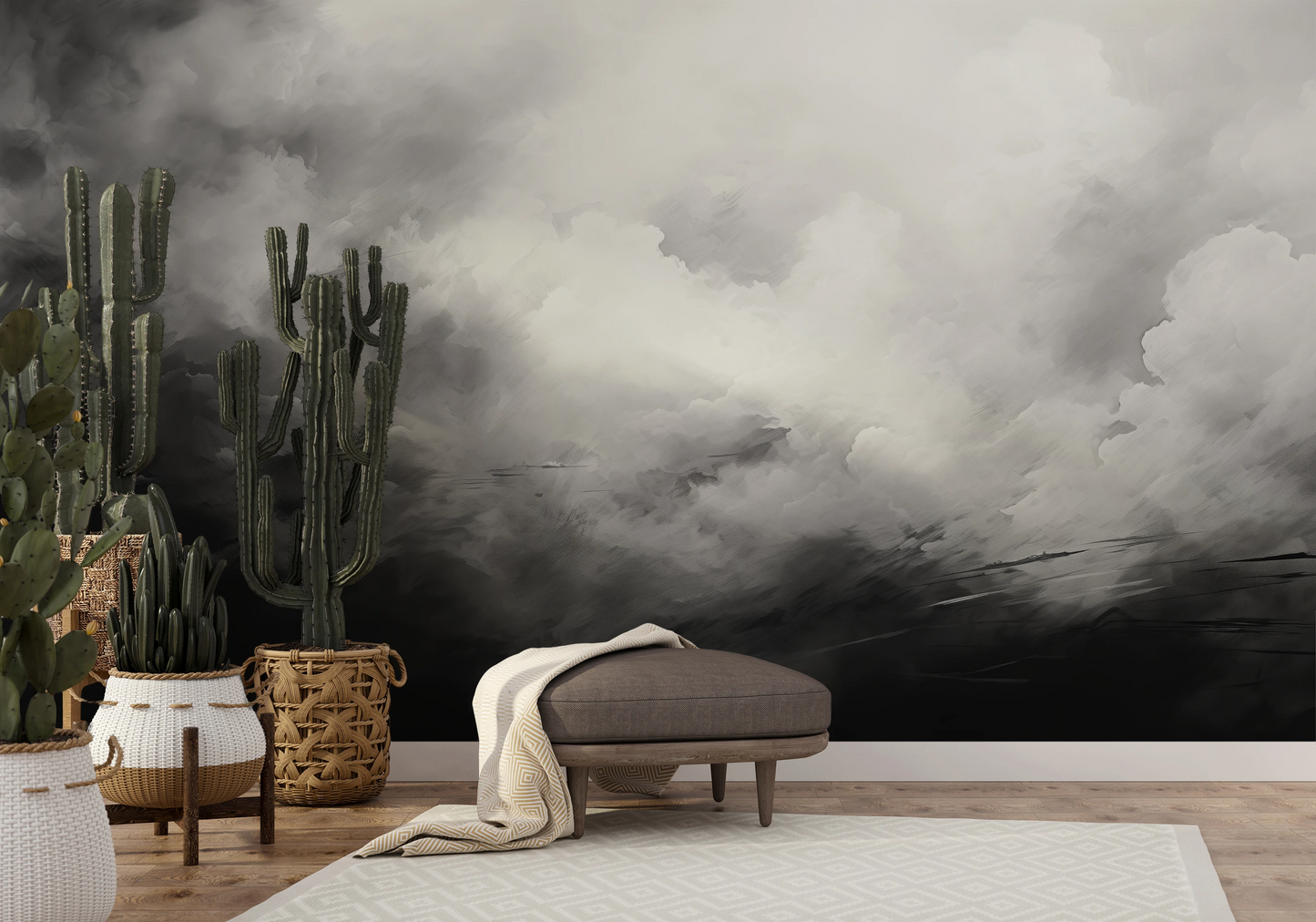 Wzór fototapety malowanej o nazwie Monochrome Whispers pokazanej w aranżacji wnętrza.