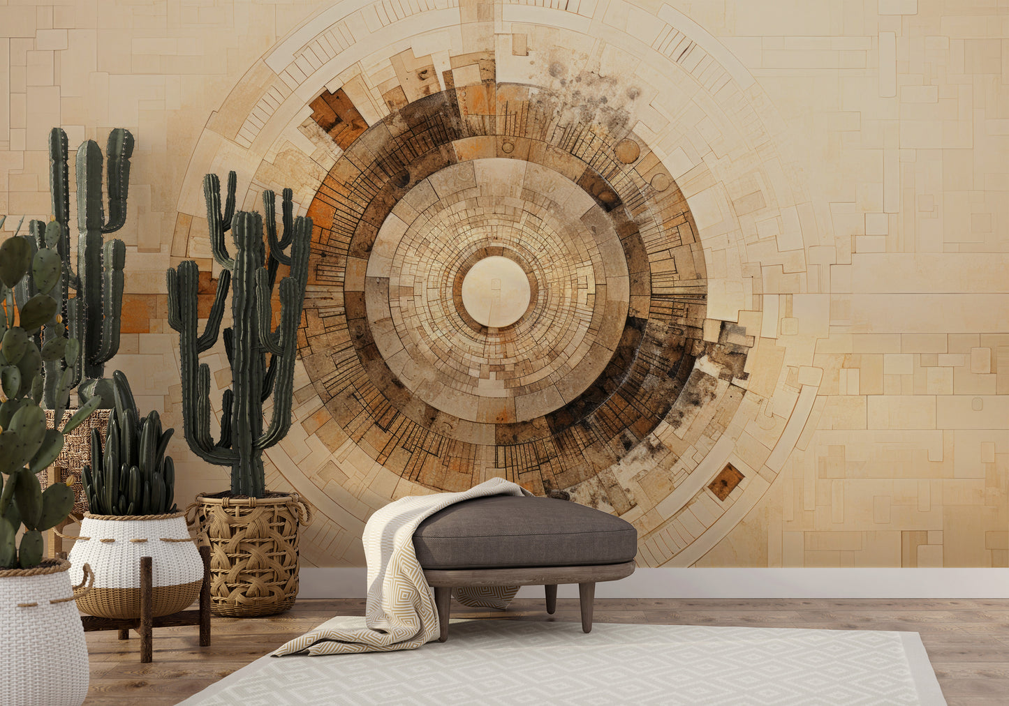 Wzór fototapety malowanej o nazwie SUNBURST MOSAIC pokazanej w aranżacji wnętrza.