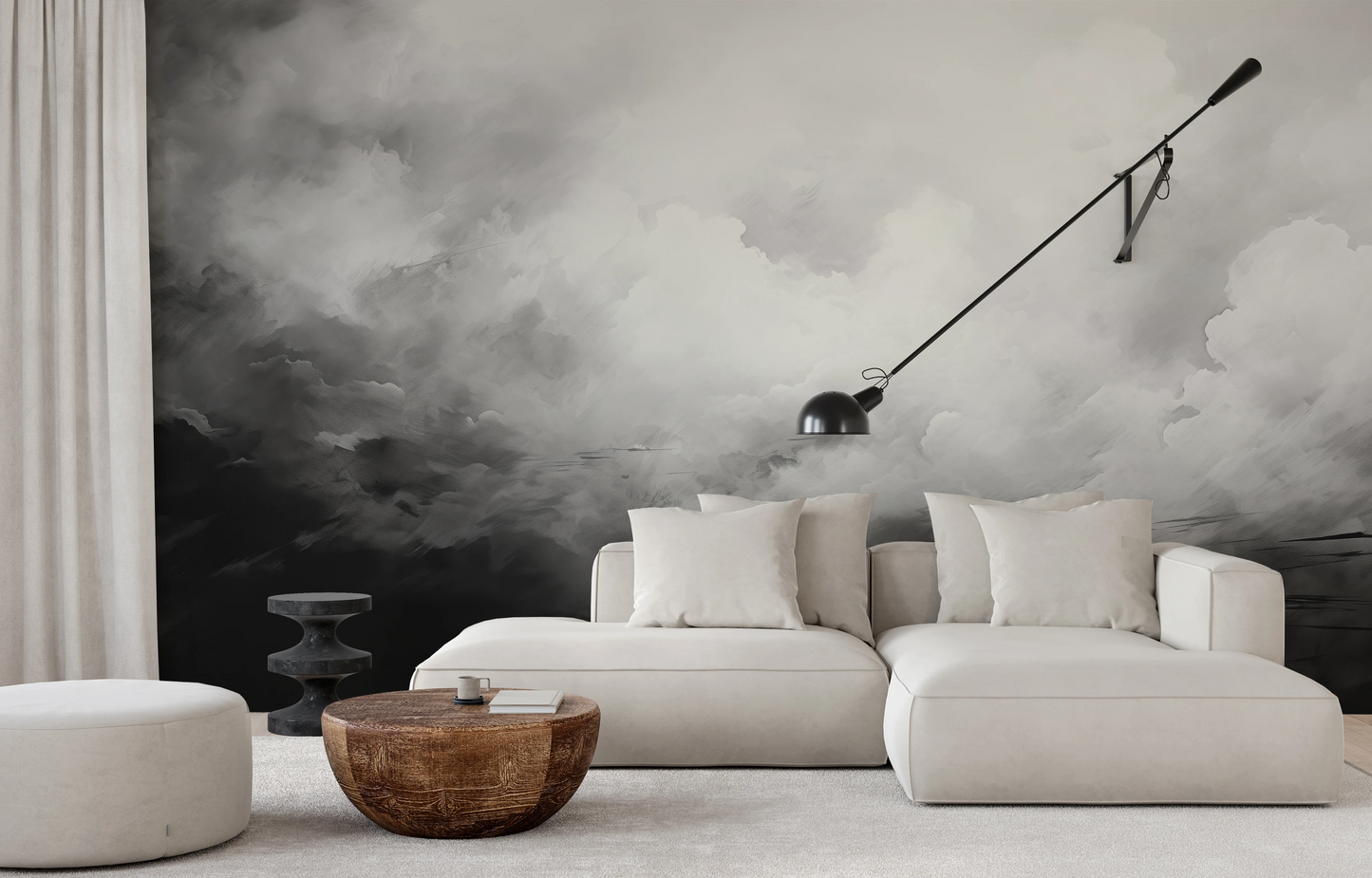 Wzór fototapety artystycznej o nazwie Monochrome Whispers pokazanej w aranżacji wnętrza.