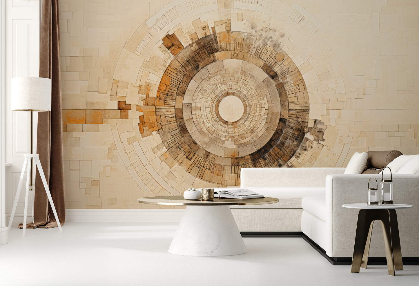 Wzór fototapety artystycznej o nazwie SUNBURST MOSAIC pokazanej w aranżacji wnętrza.