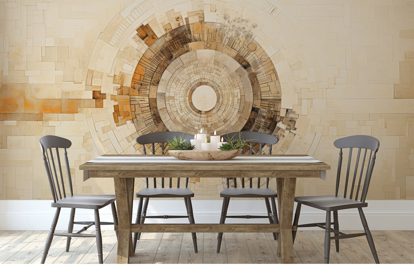 Zdjęcie prezentuje aranżację wnętrza z użyciem fototapety o nazwie SUNBURST MOSAIC pokazanej w aranżacji wnętrza.