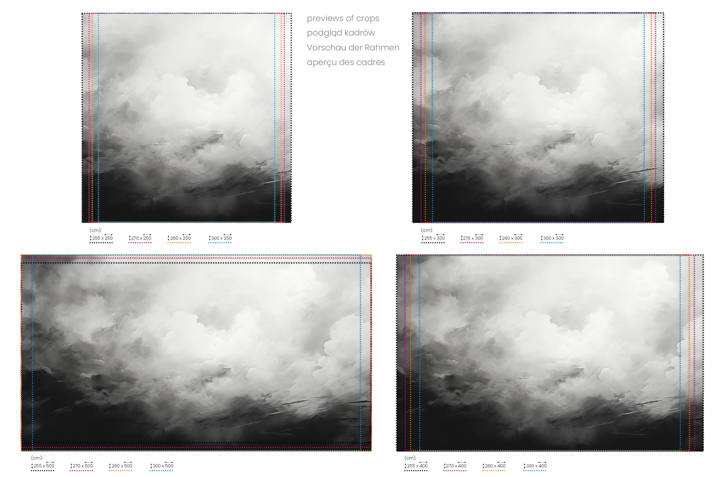 Na obrazie znajduje się prezentacja przykładowych rozmiarów fototapety o nazwie Monochrome Whispers. Rozmiar fototapety jest dowolny.
