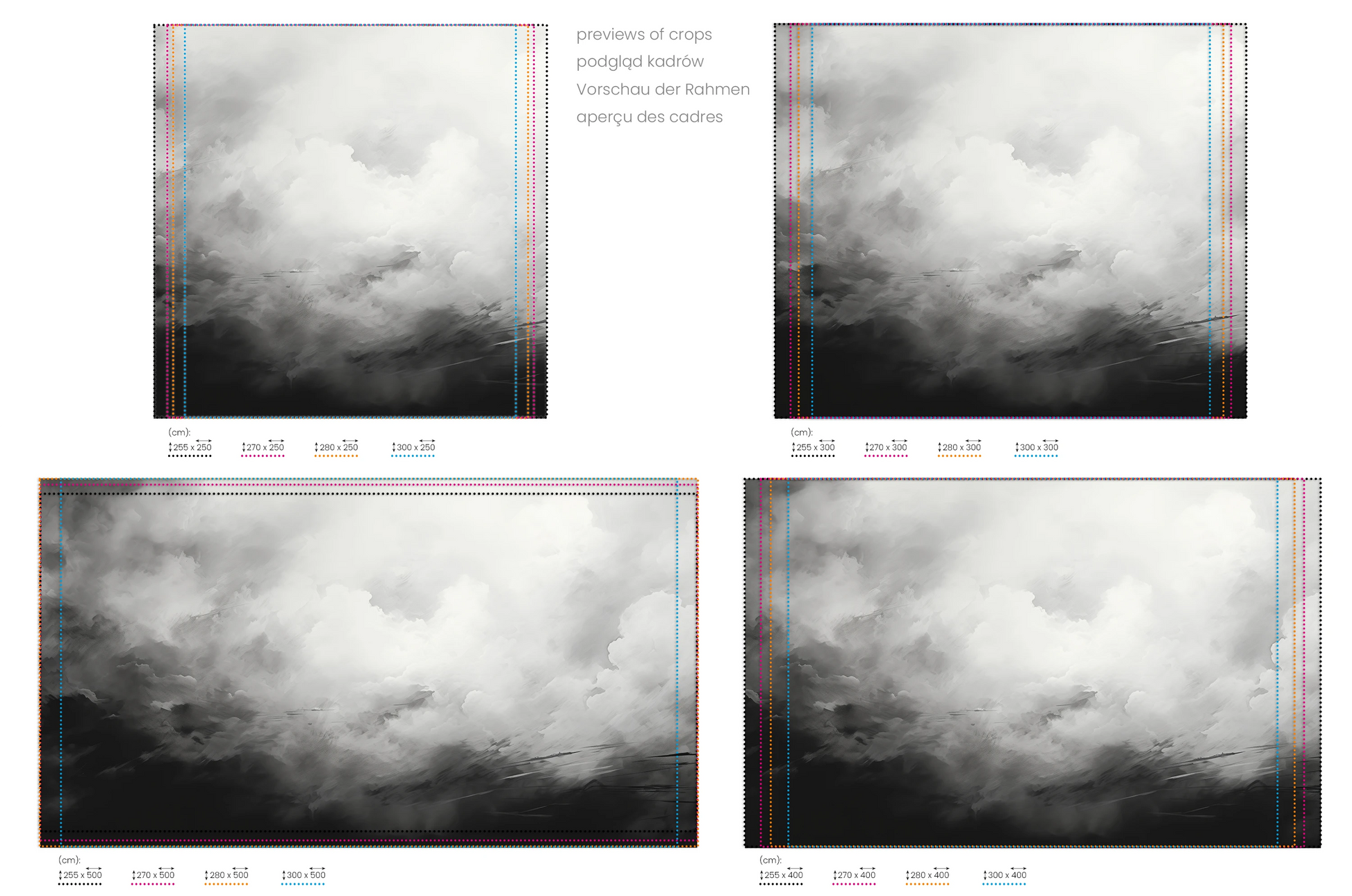 Na obrazie znajduje się prezentacja przykładowych rozmiarów fototapety o nazwie Monochrome Whispers. Rozmiar fototapety jest dowolny.