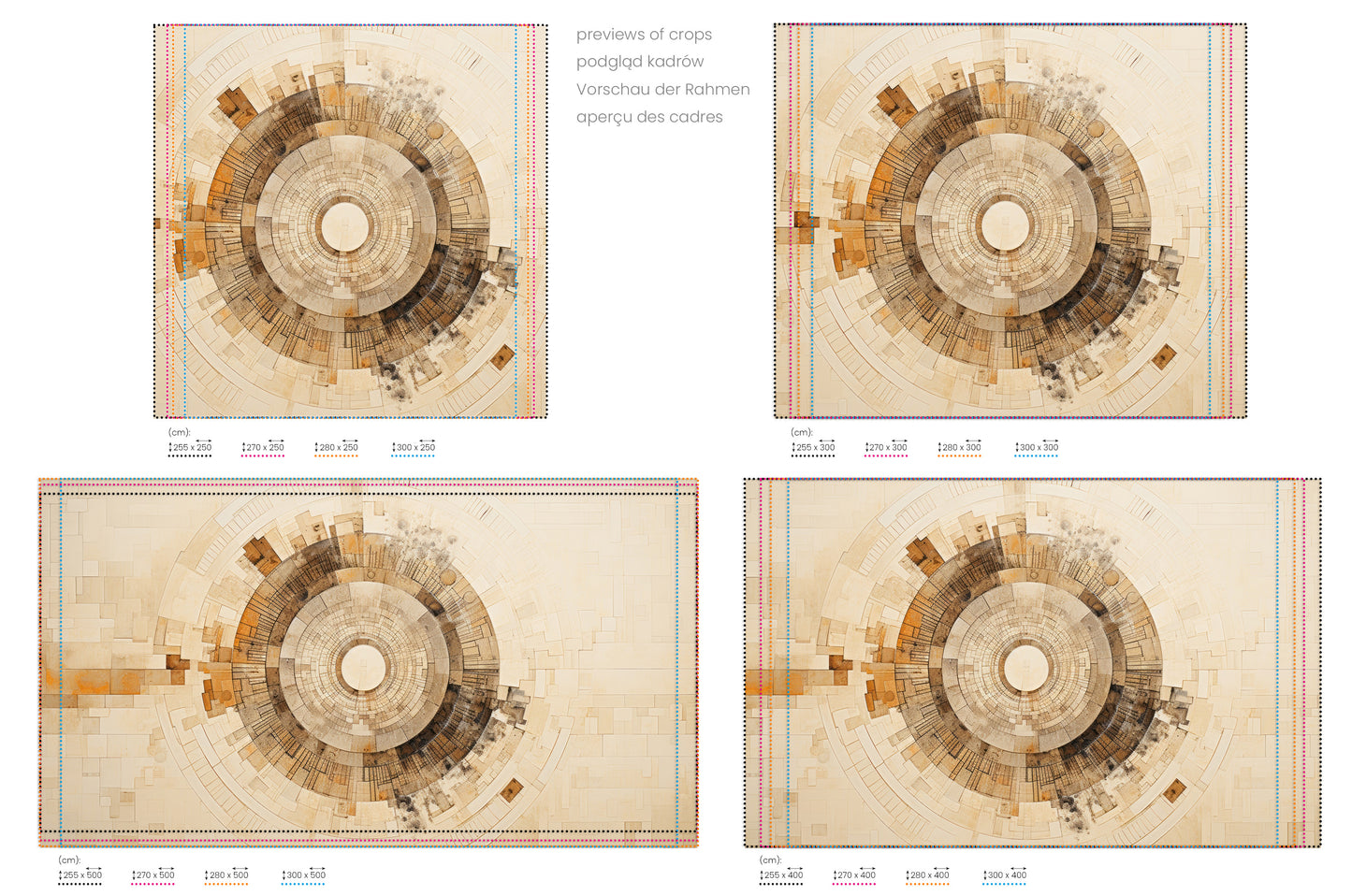 Na obrazie znajduje się prezentacja przykładowych rozmiarów fototapety o nazwie SUNBURST MOSAIC. Rozmiar fototapety jest dowolny.