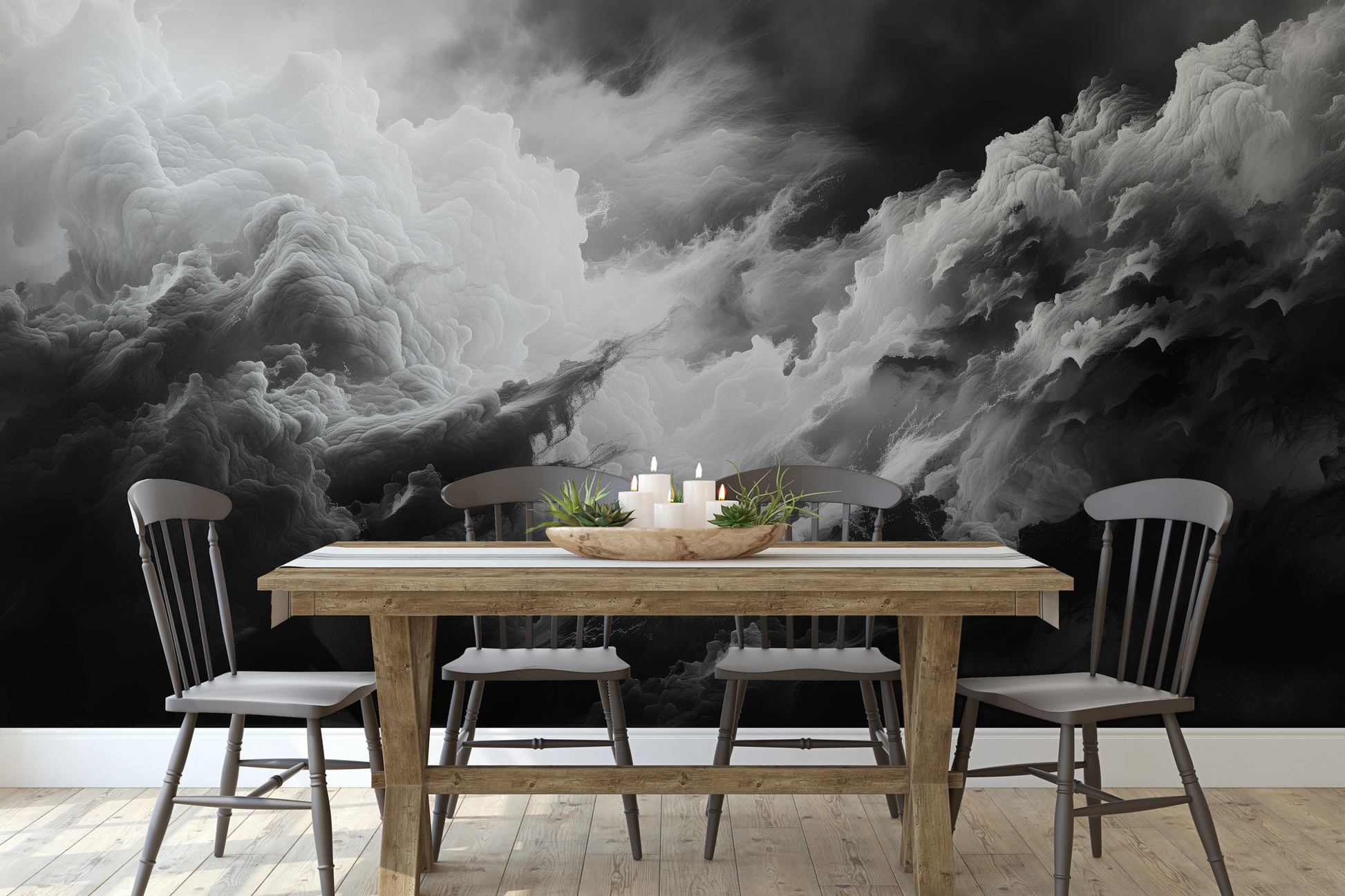 Zdjęcie prezentuje aranżację wnętrza z użyciem fototapety o nazwie Luminous Chaos pokazanej w aranżacji wnętrza.