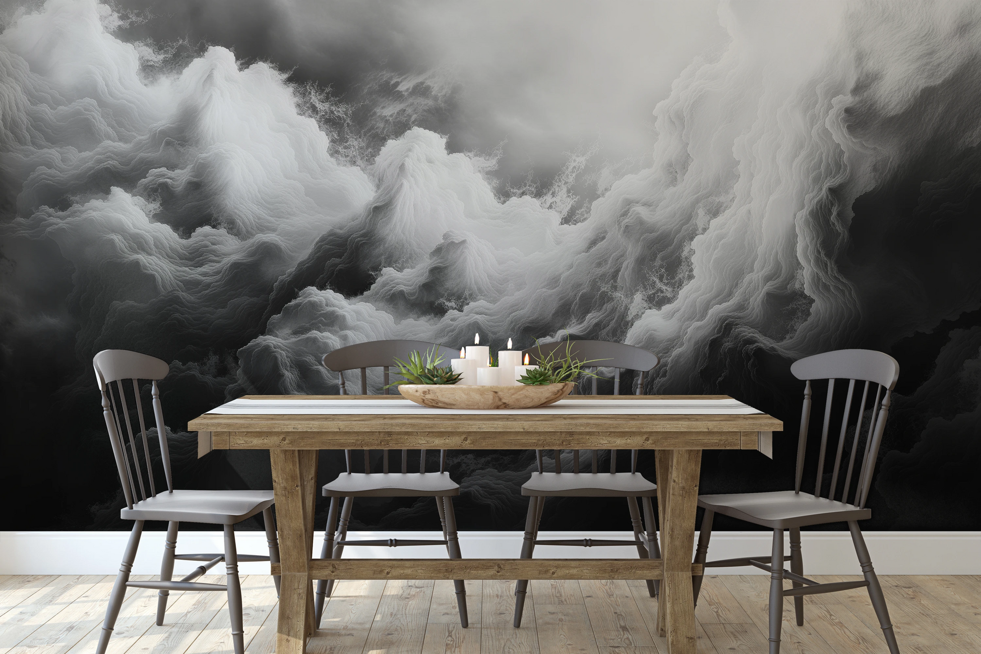 Wzór fototapety malowanej o nazwie Ethereal Stratus pokazanej w aranżacji wnętrza.