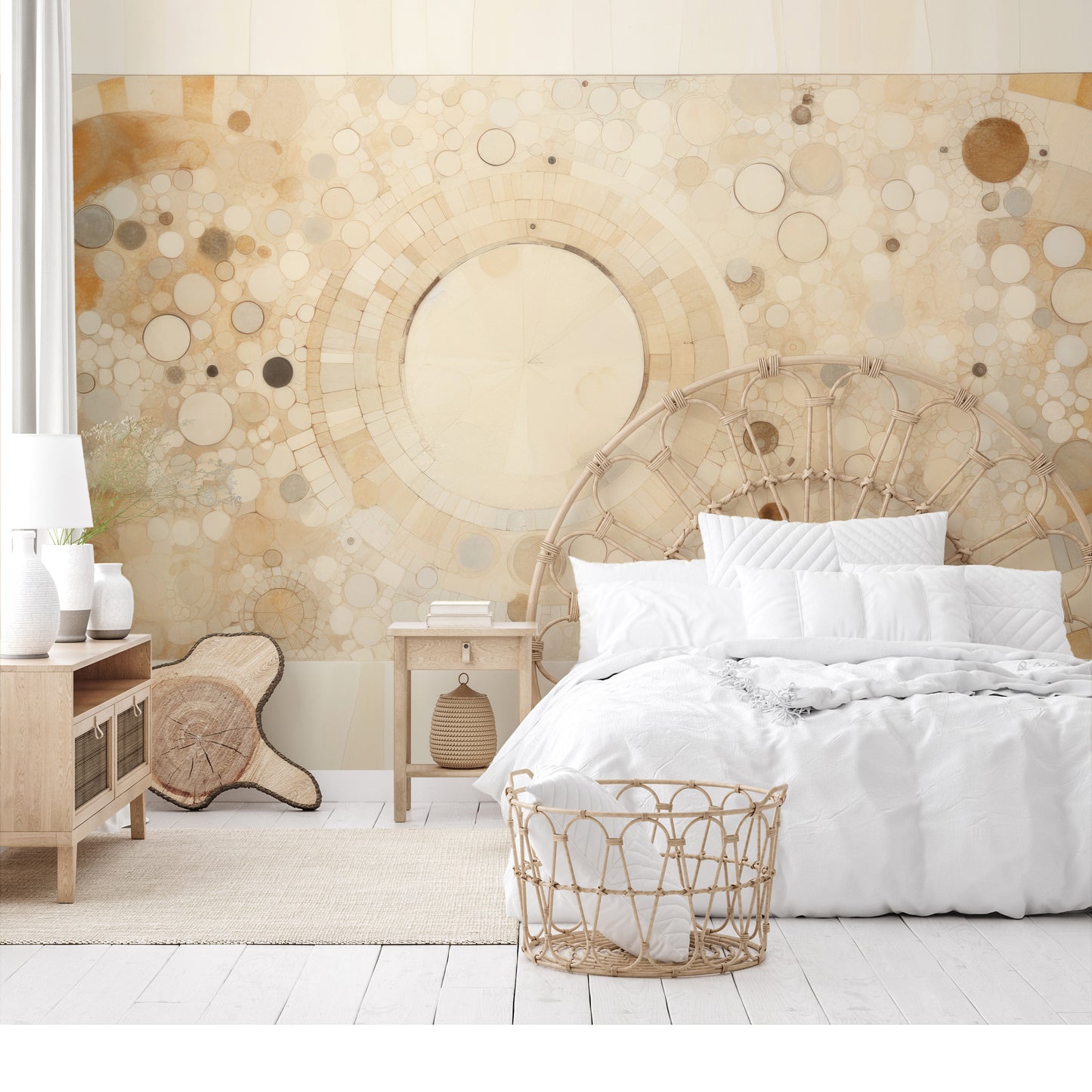 Zdjęcie prezentuje aranżację wnętrza z użyciem fototapety o nazwie HARMONY CIRCLES pokazanej w aranżacji wnętrza.