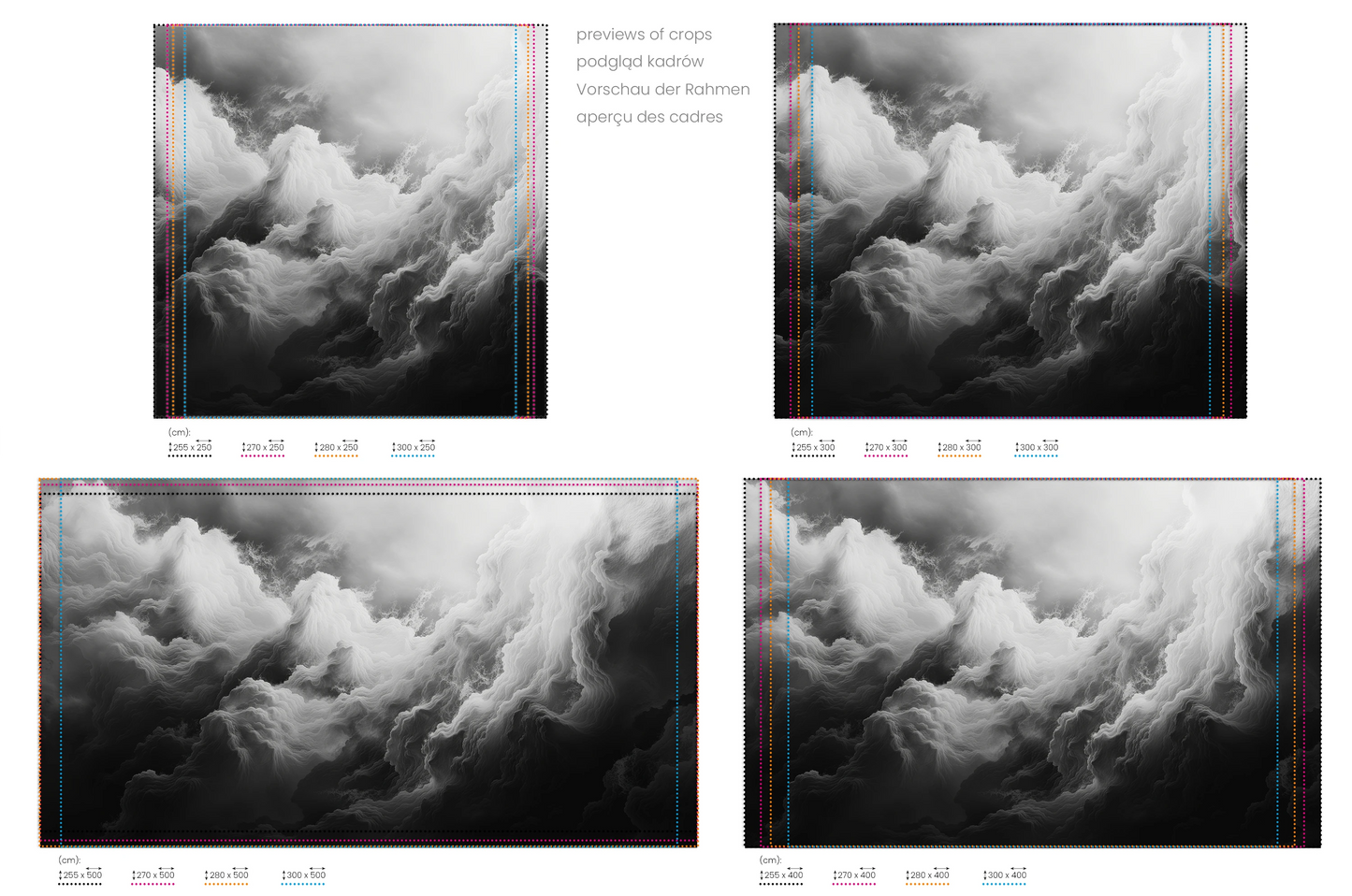 Na obrazie znajduje się prezentacja przykładowych rozmiarów fototapety o nazwie Ethereal Stratus. Rozmiar fototapety jest dowolny.