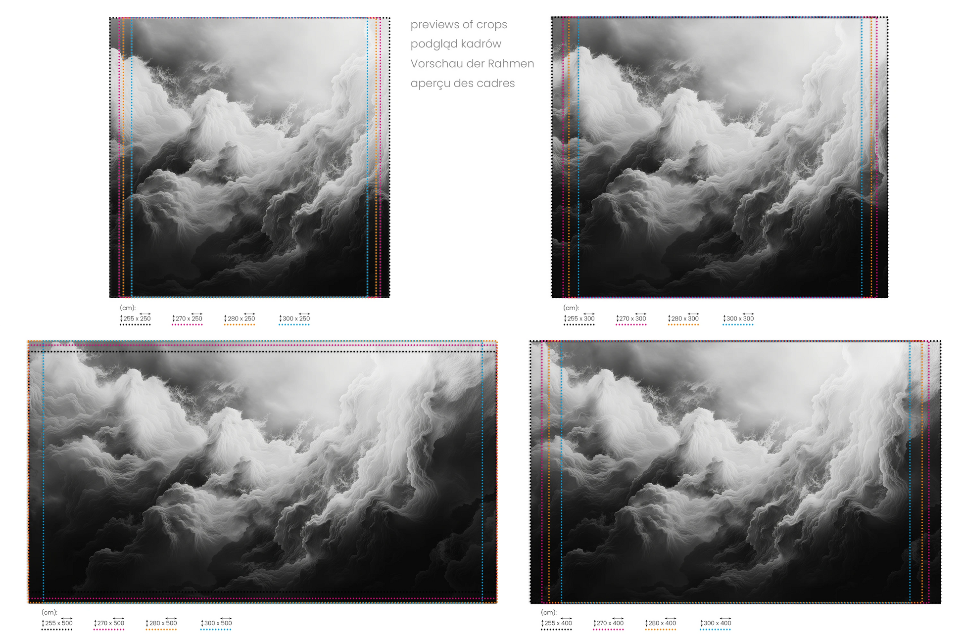 Na obrazie znajduje się prezentacja przykładowych rozmiarów fototapety o nazwie Ethereal Stratus. Rozmiar fototapety jest dowolny.