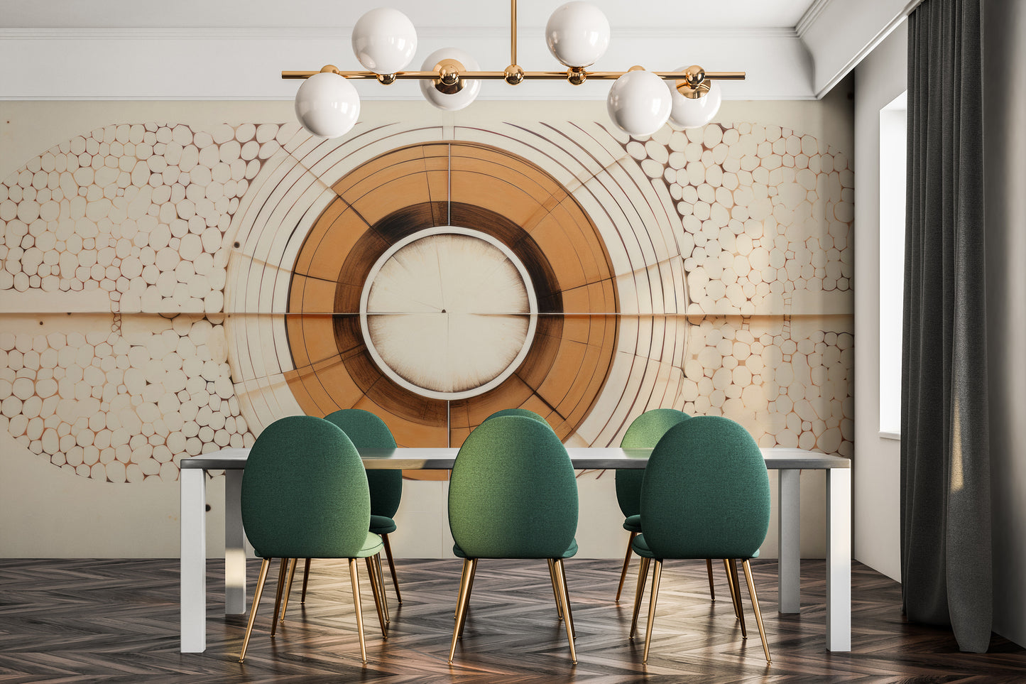 Wzór fototapety artystycznej o nazwie ORBITAL GEO pokazanej w aranżacji wnętrza.