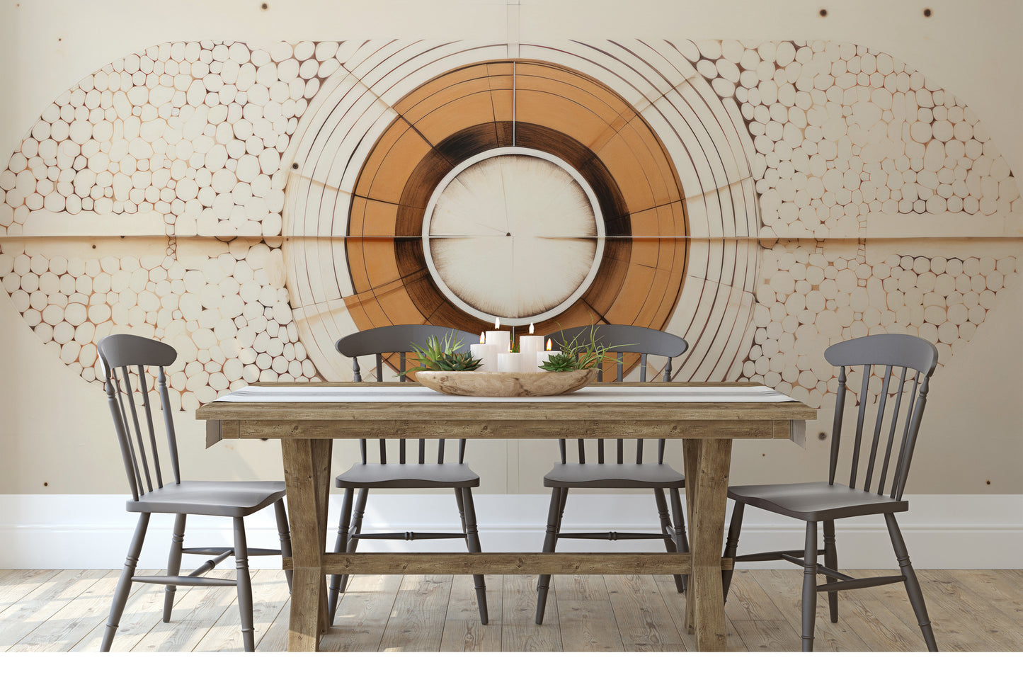 Wzór fototapety o nazwie ORBITAL GEO pokazanej w kontekście pomieszczenia.