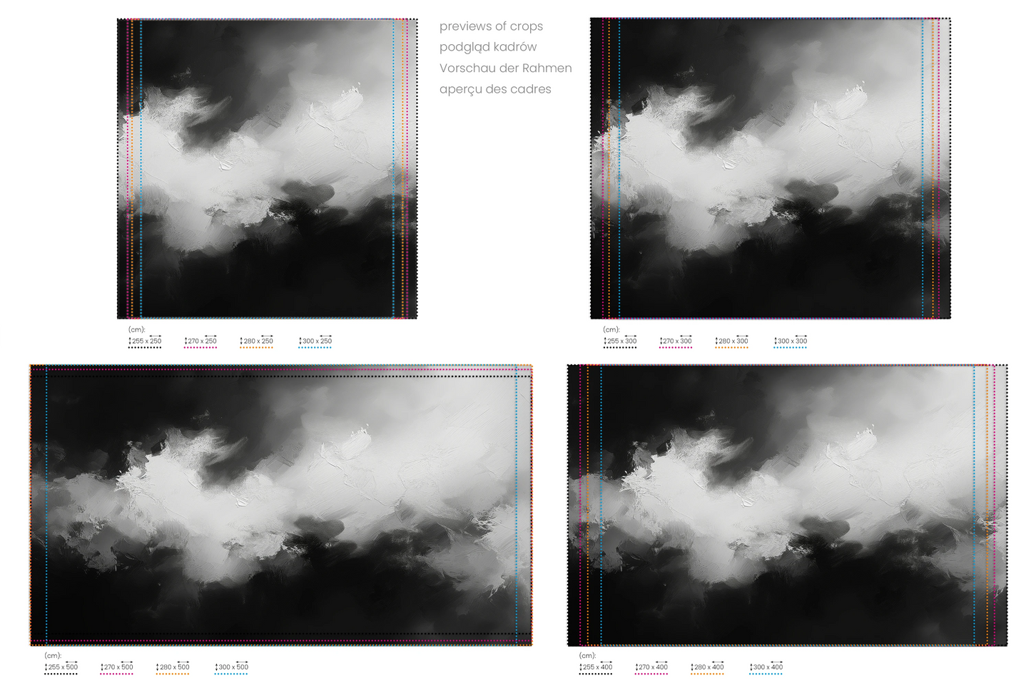 Na obrazie znajduje się prezentacja przykładowych rozmiarów fototapety o nazwie Silver Lining. Rozmiar fototapety jest dowolny.