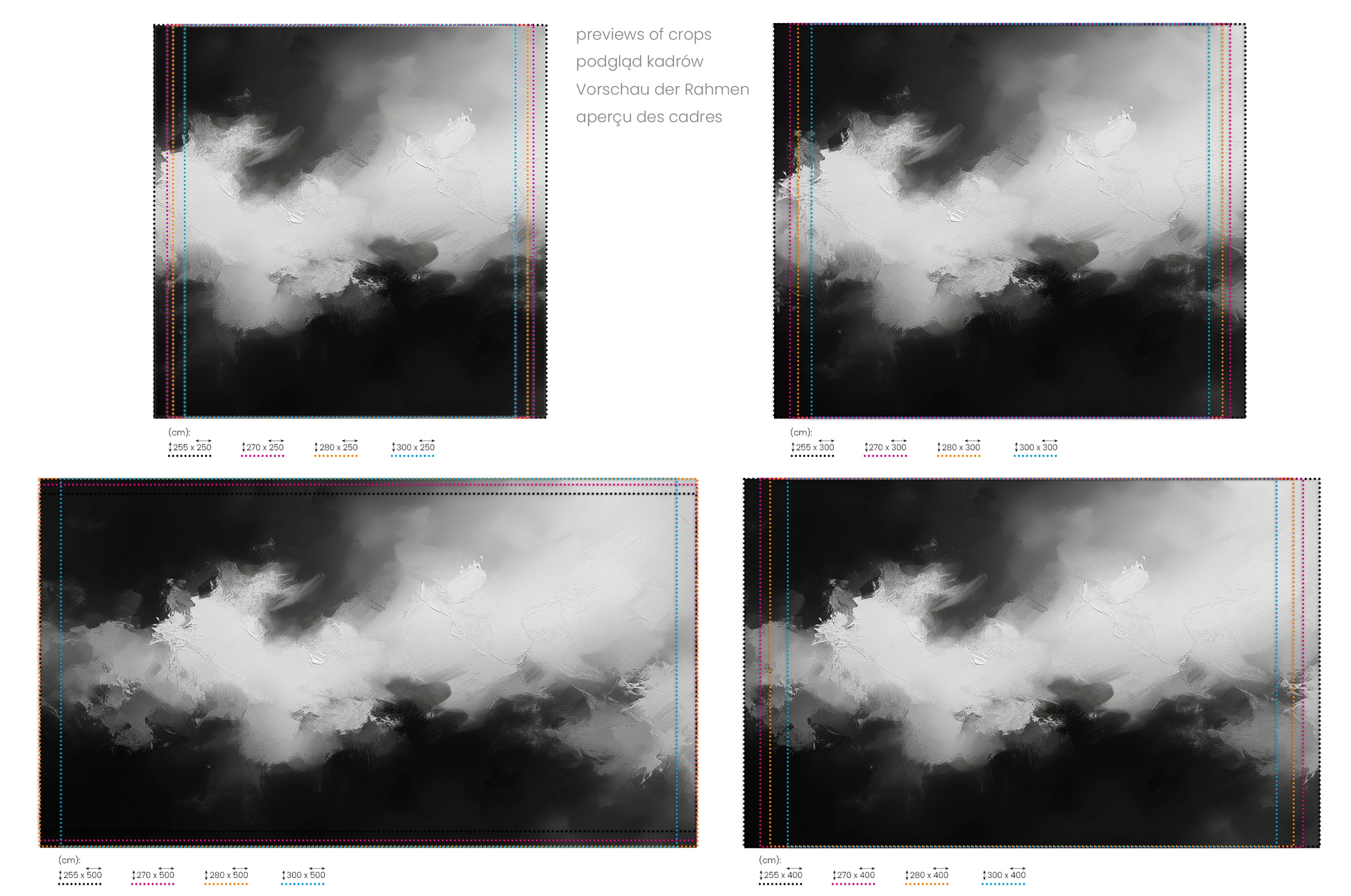 Na obrazie znajduje się prezentacja przykładowych rozmiarów fototapety o nazwie Silver Lining. Rozmiar fototapety jest dowolny.
