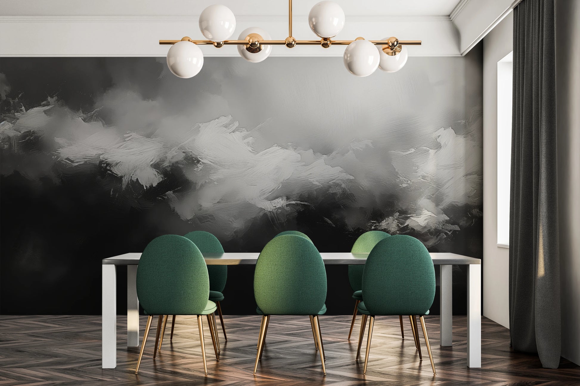 Zdjęcie prezentuje aranżację wnętrza z użyciem fototapety o nazwie Monochromatic Mood pokazanej w aranżacji wnętrza.