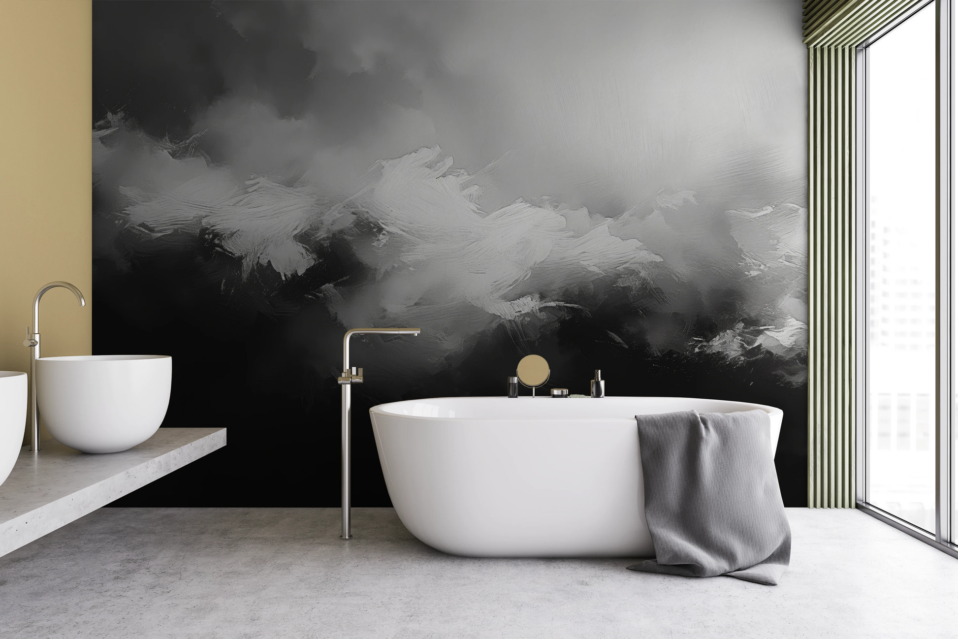 Wzór fototapety artystycznej o nazwie Monochromatic Mood pokazanej w aranżacji wnętrza.