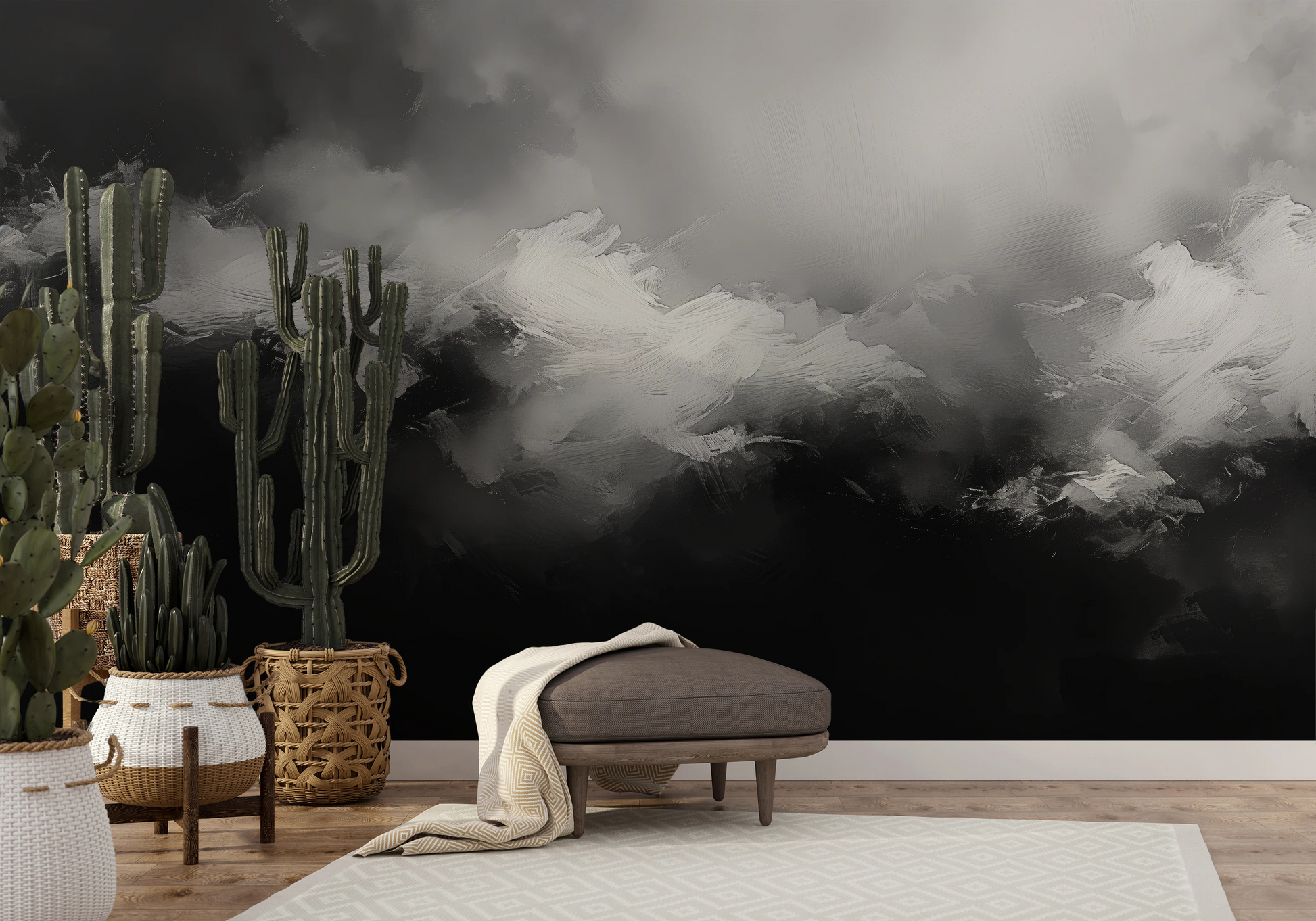 Wzór fototapety o nazwie Monochromatic Mood pokazanej w kontekście pomieszczenia.