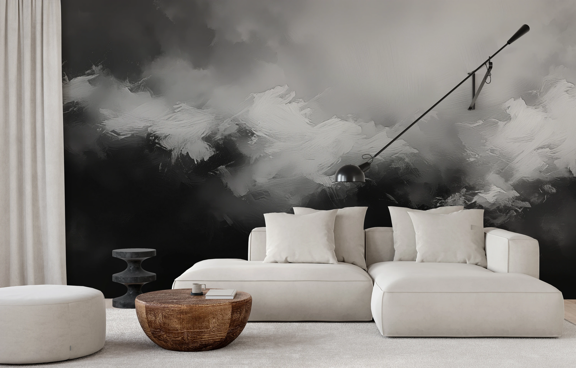 Wzór fototapety malowanej o nazwie Monochromatic Mood pokazanej w aranżacji wnętrza.