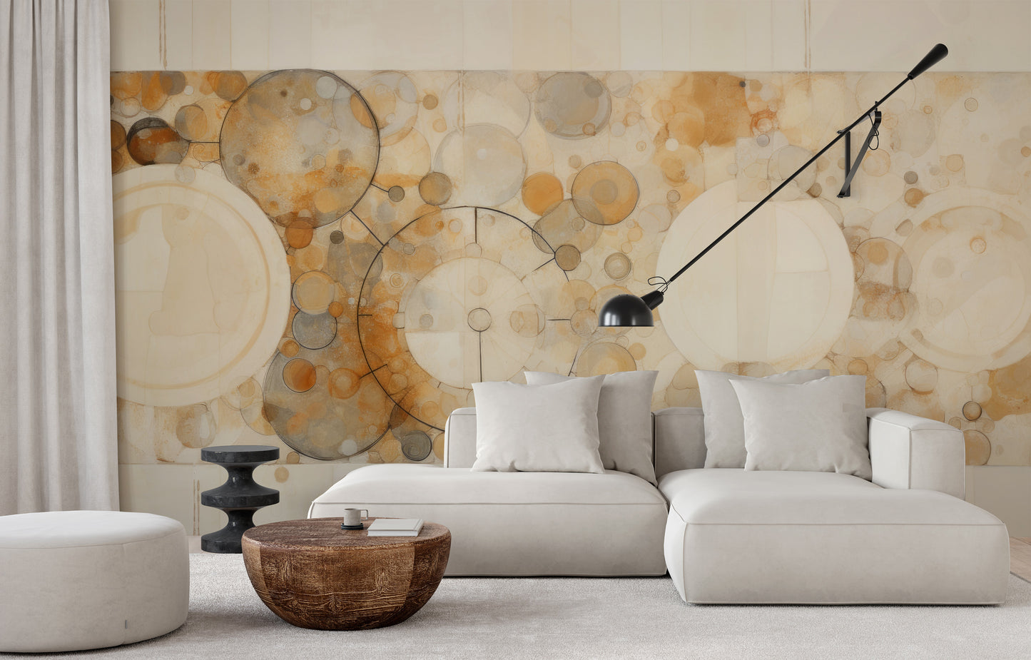 Fototapeta artystyczna o nazwie BEIGE BUBBLES pokazana w aranżacji wnętrza.