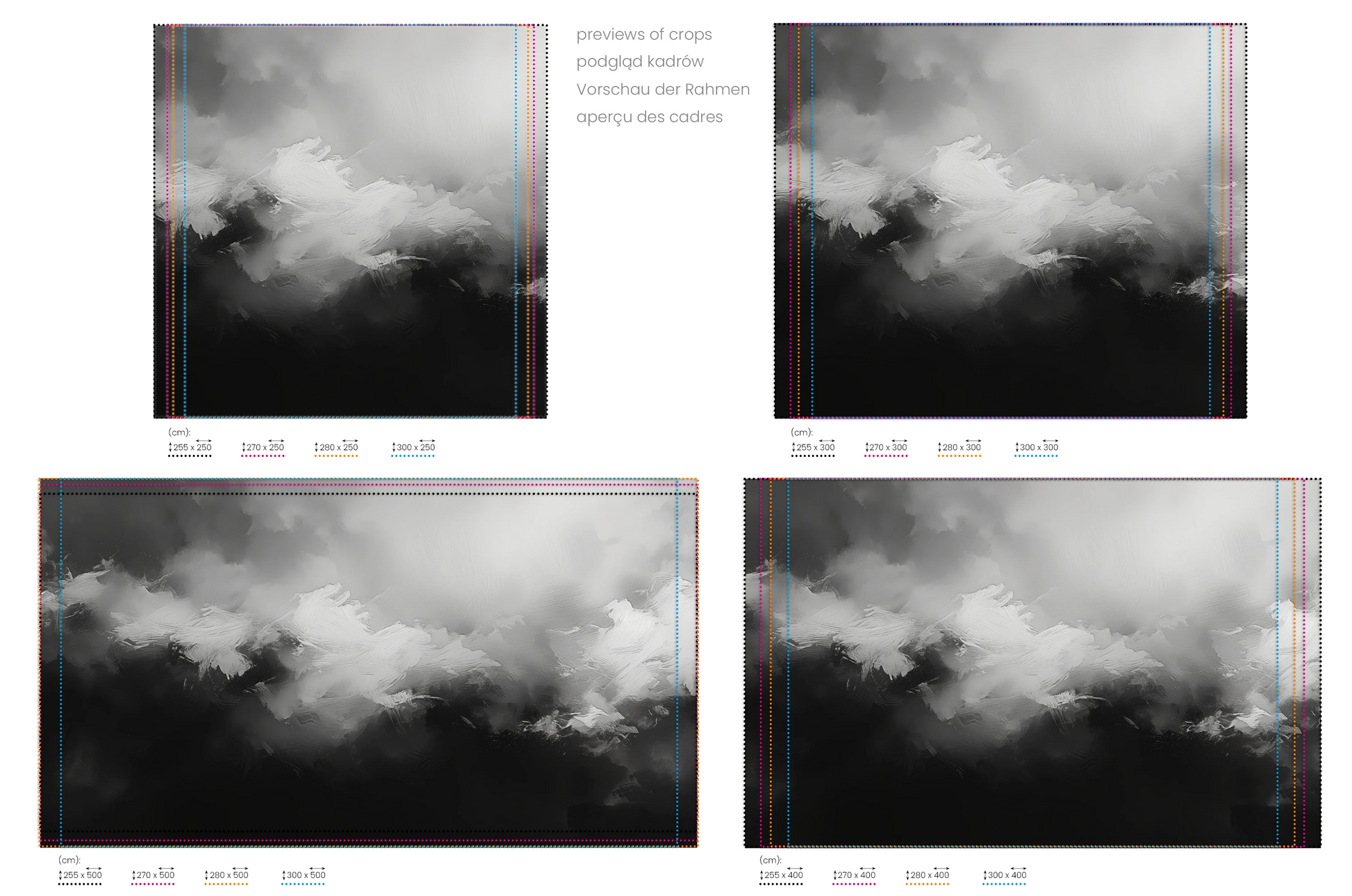 Na obrazie znajduje się prezentacja przykładowych rozmiarów fototapety o nazwie Monochromatic Mood. Rozmiar fototapety jest dowolny.