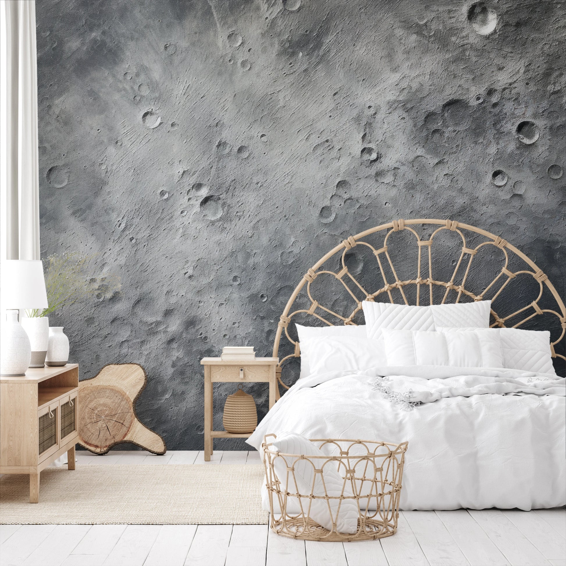 Wzór fototapety malowanej o nazwie Cosmic Blush pokazanej w aranżacji wnętrza.