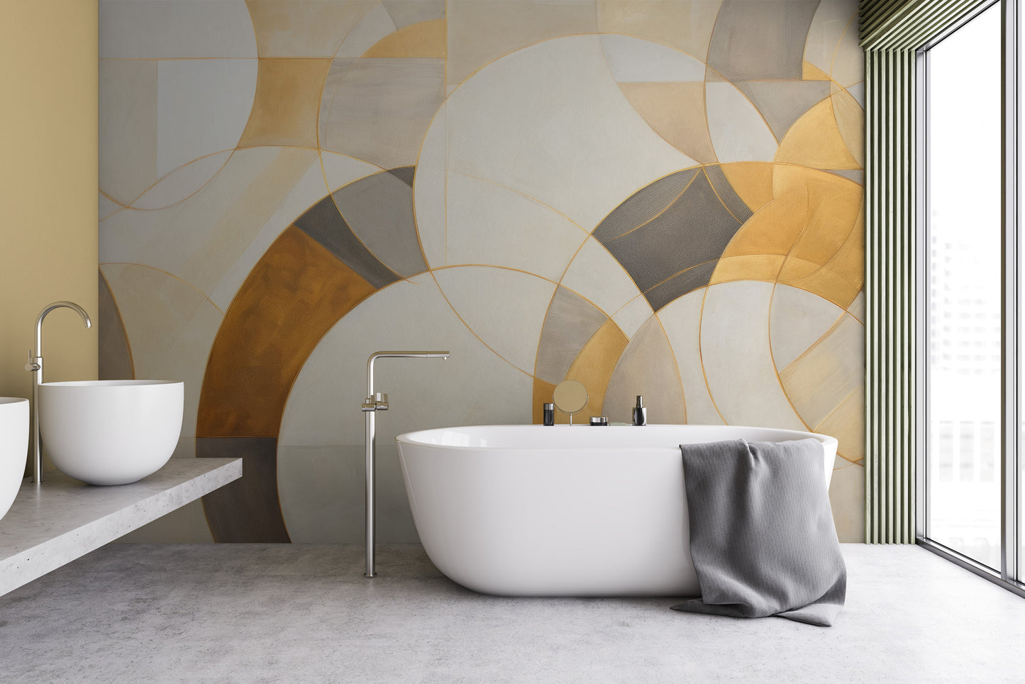 Wzór fototapety artystycznej o nazwie GOLDEN SWIRL FUSION pokazanej w aranżacji wnętrza.