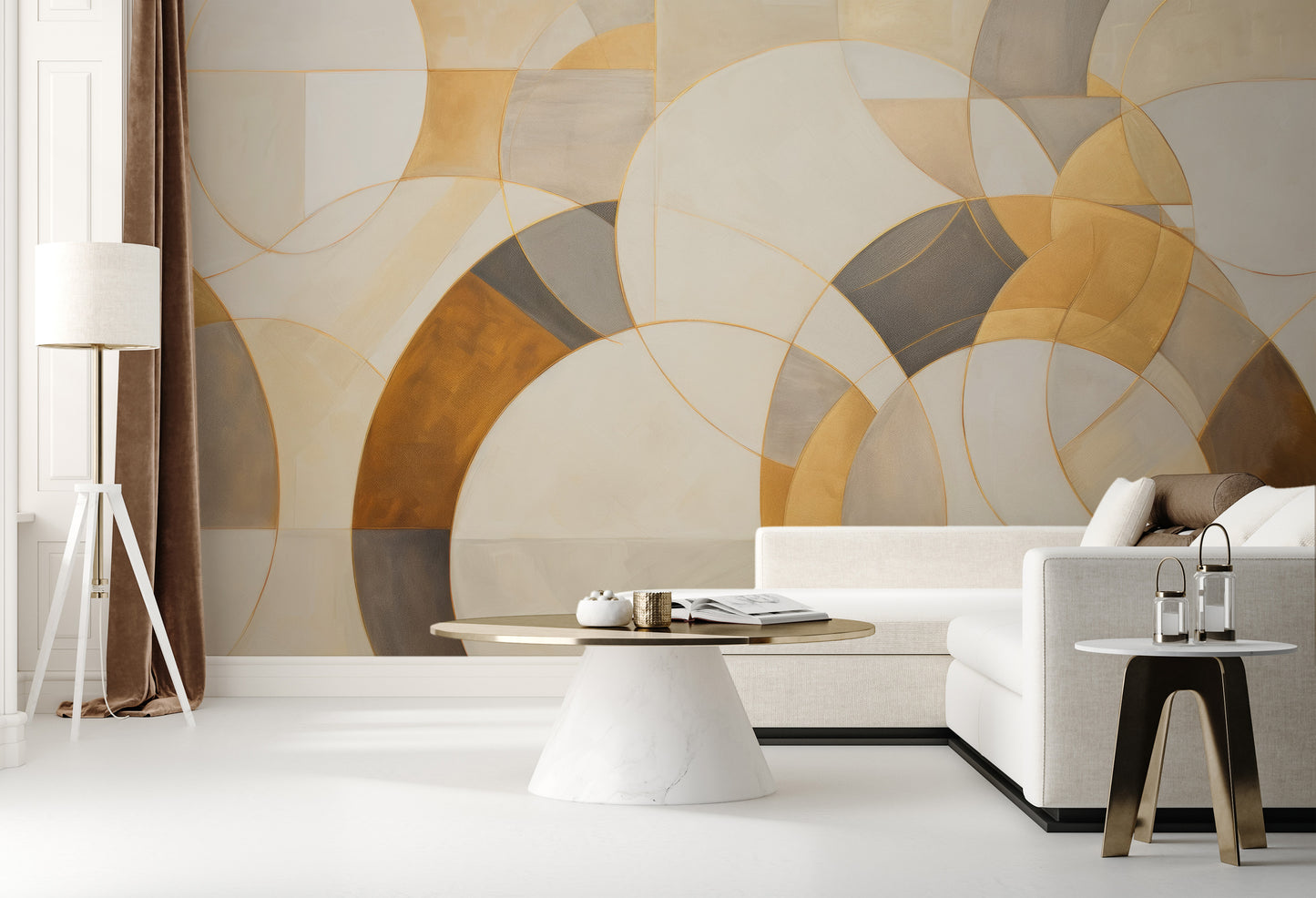 Zdjęcie prezentuje aranżację wnętrza z użyciem fototapety o nazwie GOLDEN SWIRL FUSION pokazanej w aranżacji wnętrza.