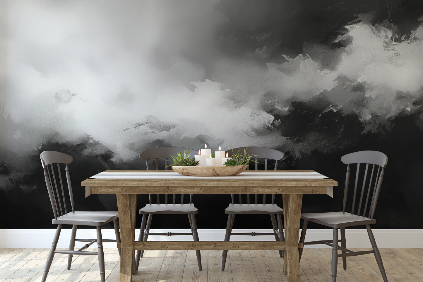 Wzór fototapety malowanej o nazwie Storm's Palette pokazanej w aranżacji wnętrza.