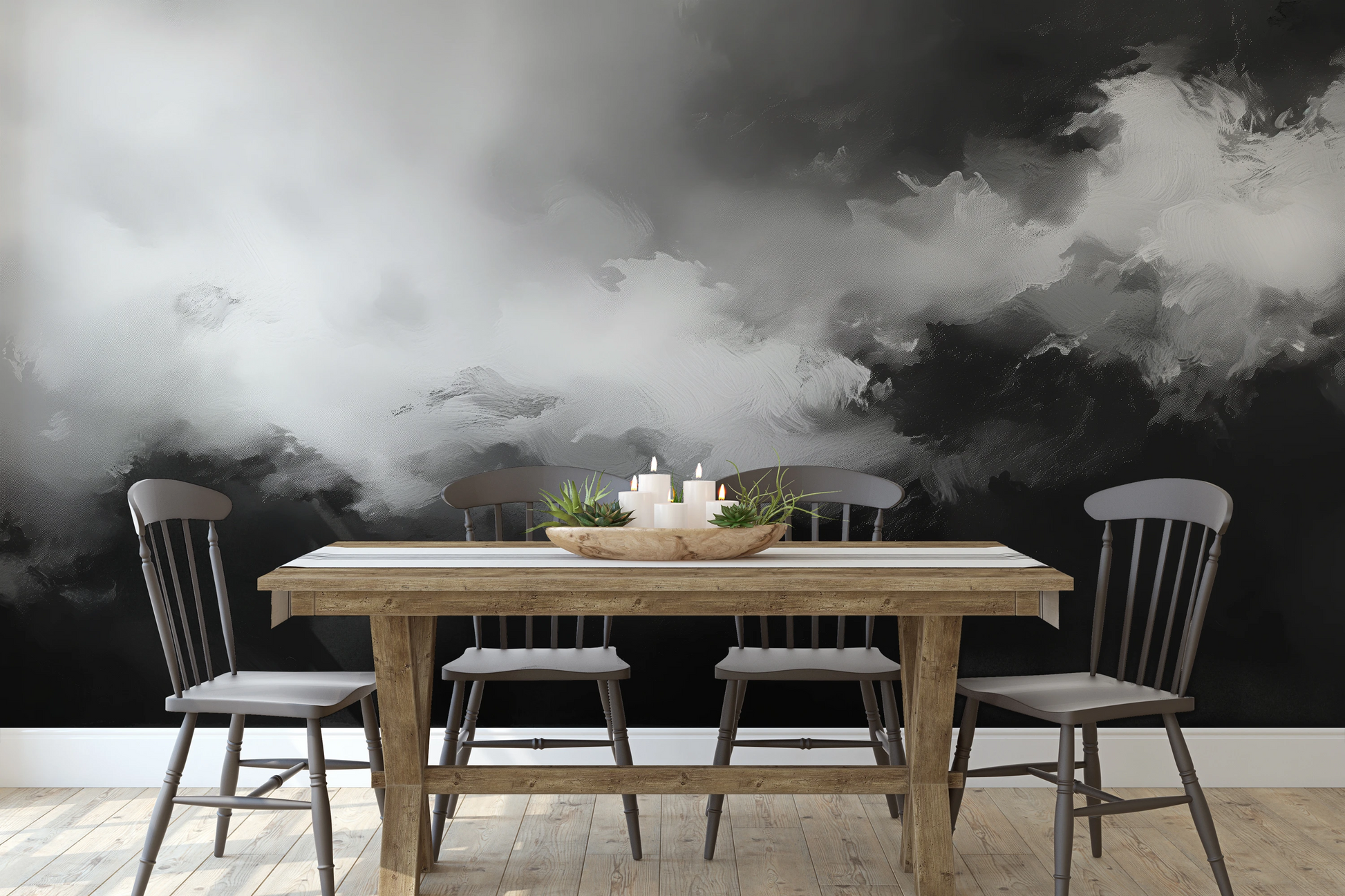 Wzór fototapety malowanej o nazwie Storm's Palette pokazanej w aranżacji wnętrza.