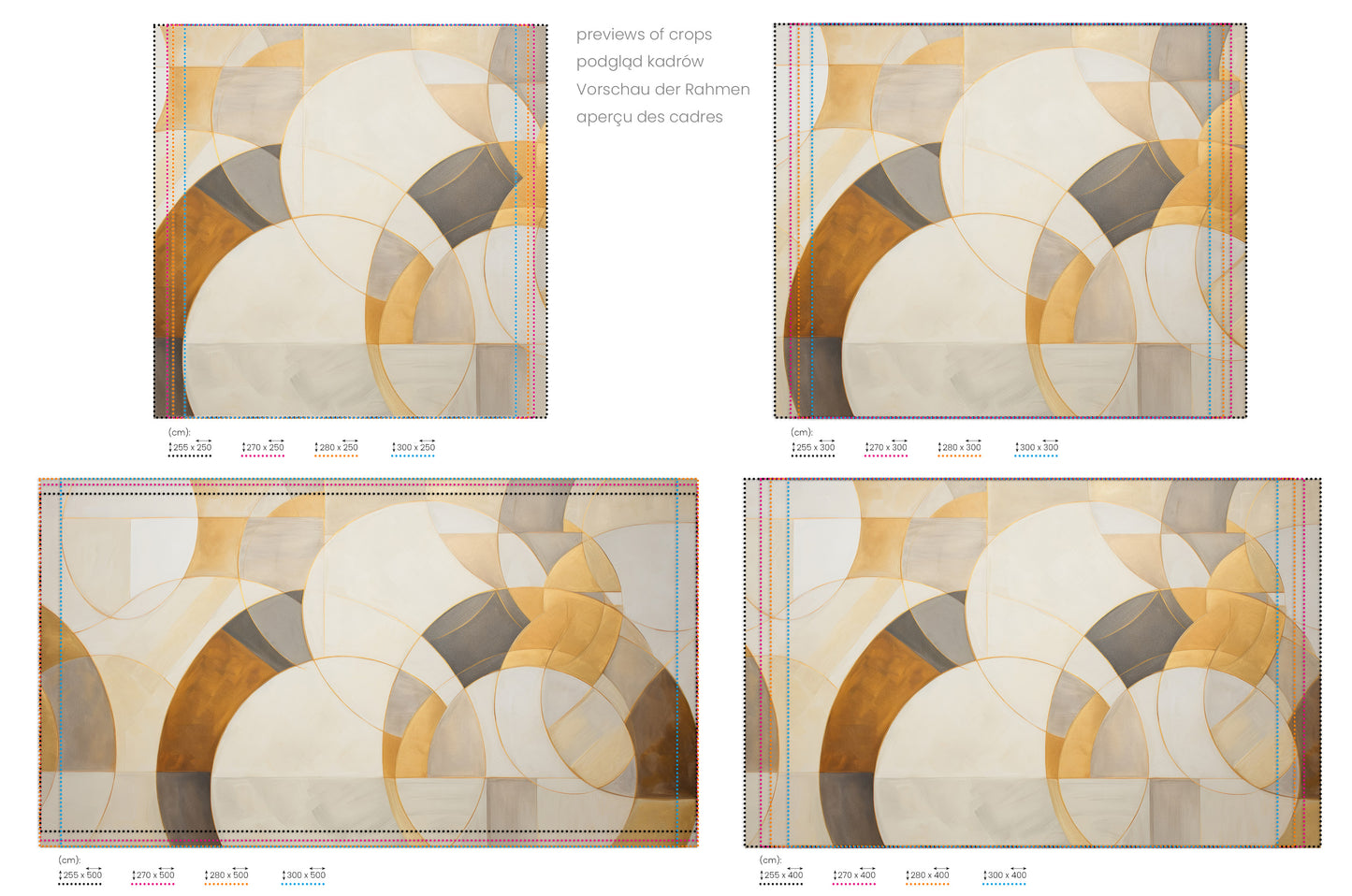 Na obrazie znajduje się prezentacja przykładowych rozmiarów fototapety o nazwie GOLDEN SWIRL FUSION. Rozmiar fototapety jest dowolny.