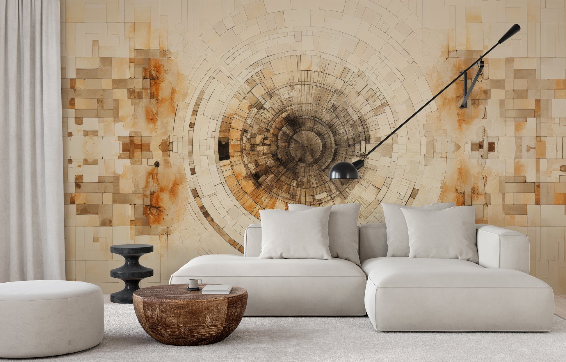 Wzór fototapety artystycznej o nazwie ANCIENT ECHOES SPIRAL pokazanej w aranżacji wnętrza.