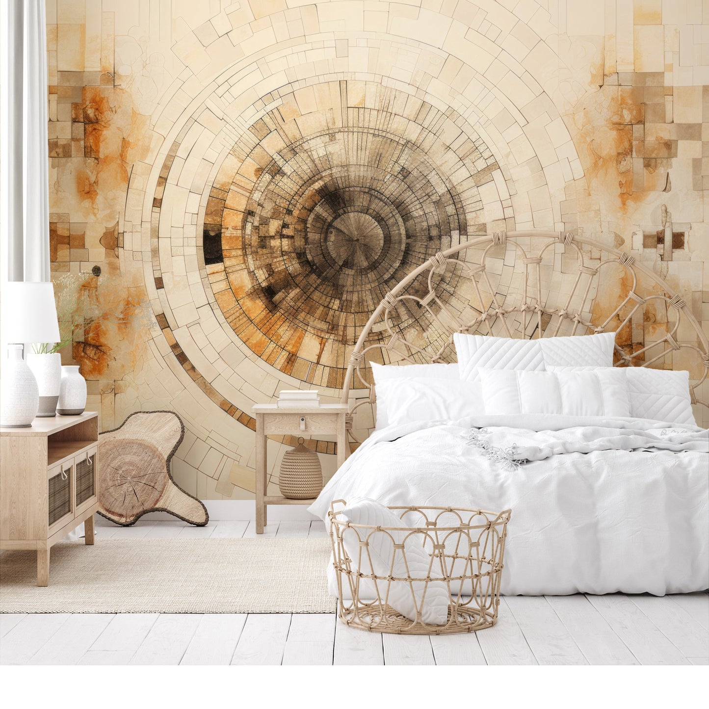 Fototapeta artystyczna o nazwie ANCIENT ECHOES SPIRAL pokazana w aranżacji wnętrza.