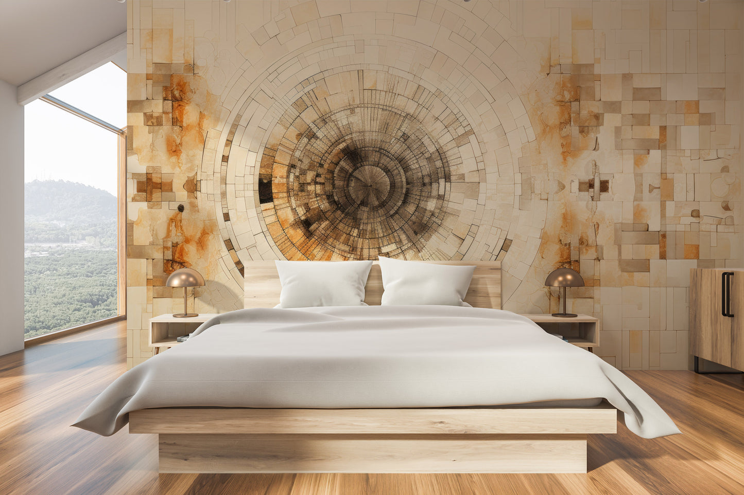 Wzór fototapety malowanej o nazwie ANCIENT ECHOES SPIRAL pokazanej w aranżacji wnętrza.