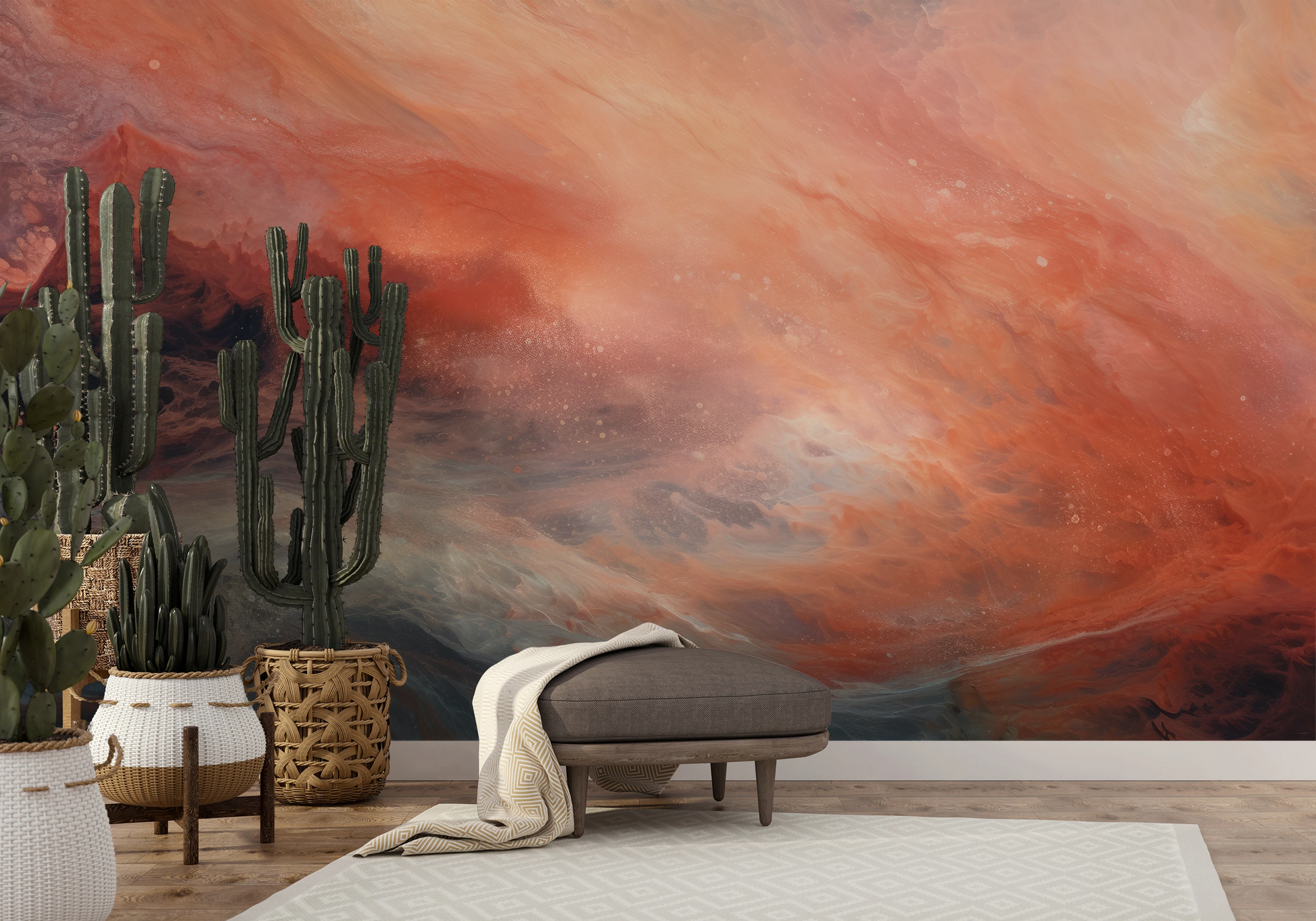 Wzór fototapety artystycznej o nazwie Monolith's Shadow pokazanej w aranżacji wnętrza.