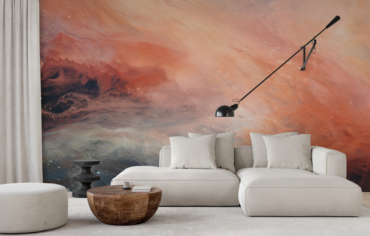 Wzór fototapety malowanej o nazwie Monolith's Shadow pokazanej w aranżacji wnętrza.