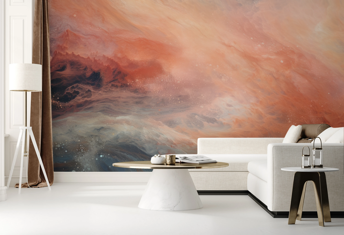 Zdjęcie prezentuje aranżację wnętrza z użyciem fototapety o nazwie Monolith's Shadow pokazanej w aranżacji wnętrza.