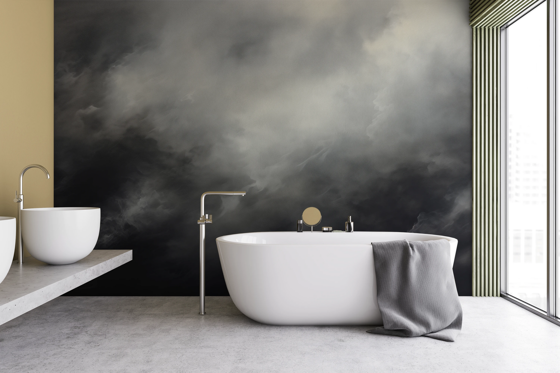 Zdjęcie prezentuje aranżację wnętrza z użyciem fototapety o nazwie Silver Storm pokazanej w aranżacji wnętrza.