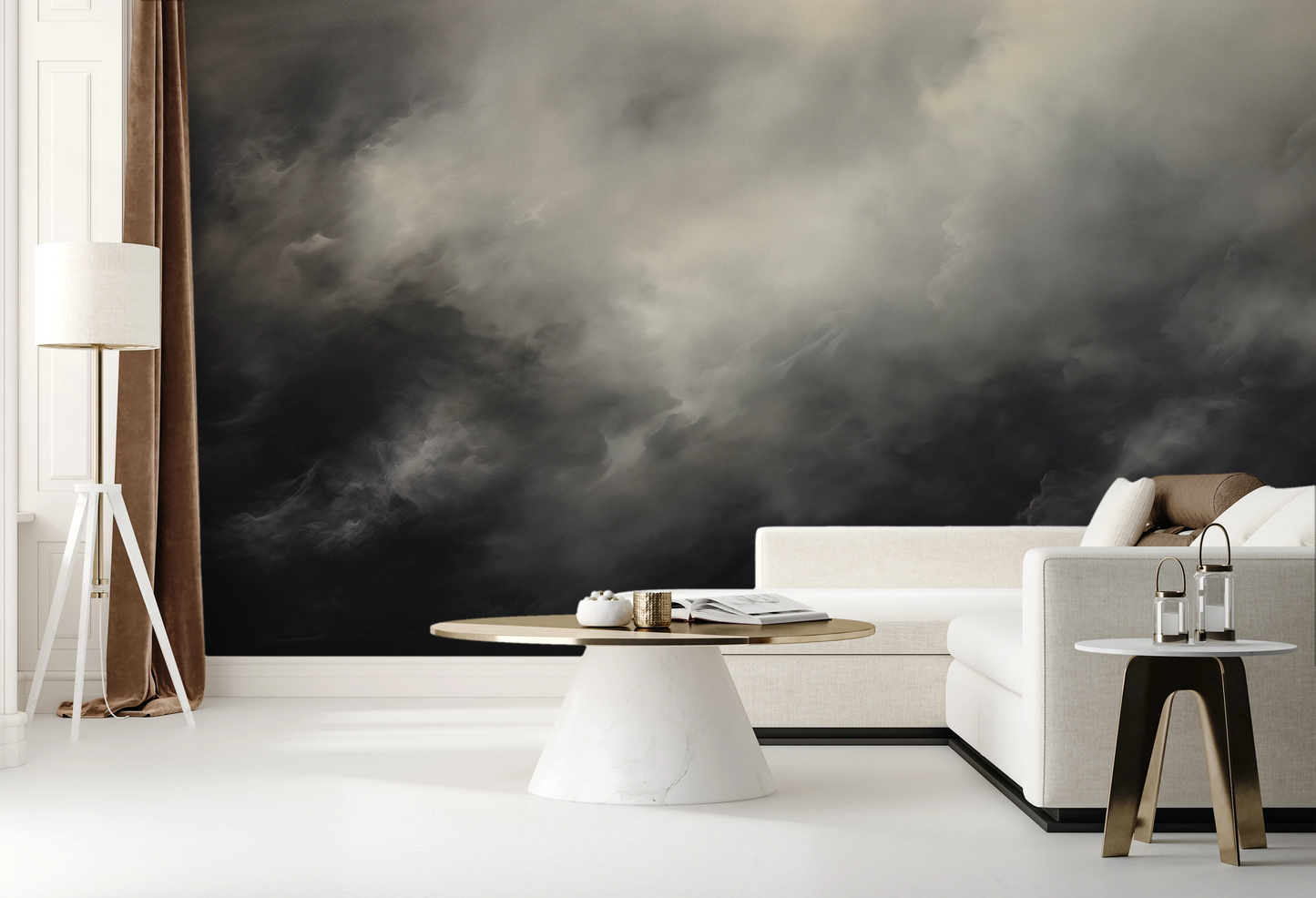 Wzór fototapety artystycznej o nazwie Silver Storm pokazanej w aranżacji wnętrza.